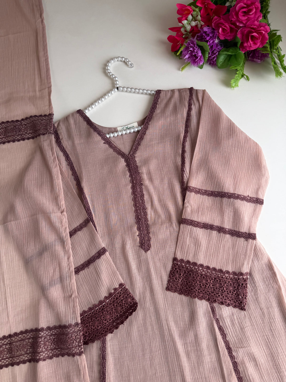 K515 - Crushed Mul cotton embroidered Aline Kurti with pants and dupatta in 2 colours