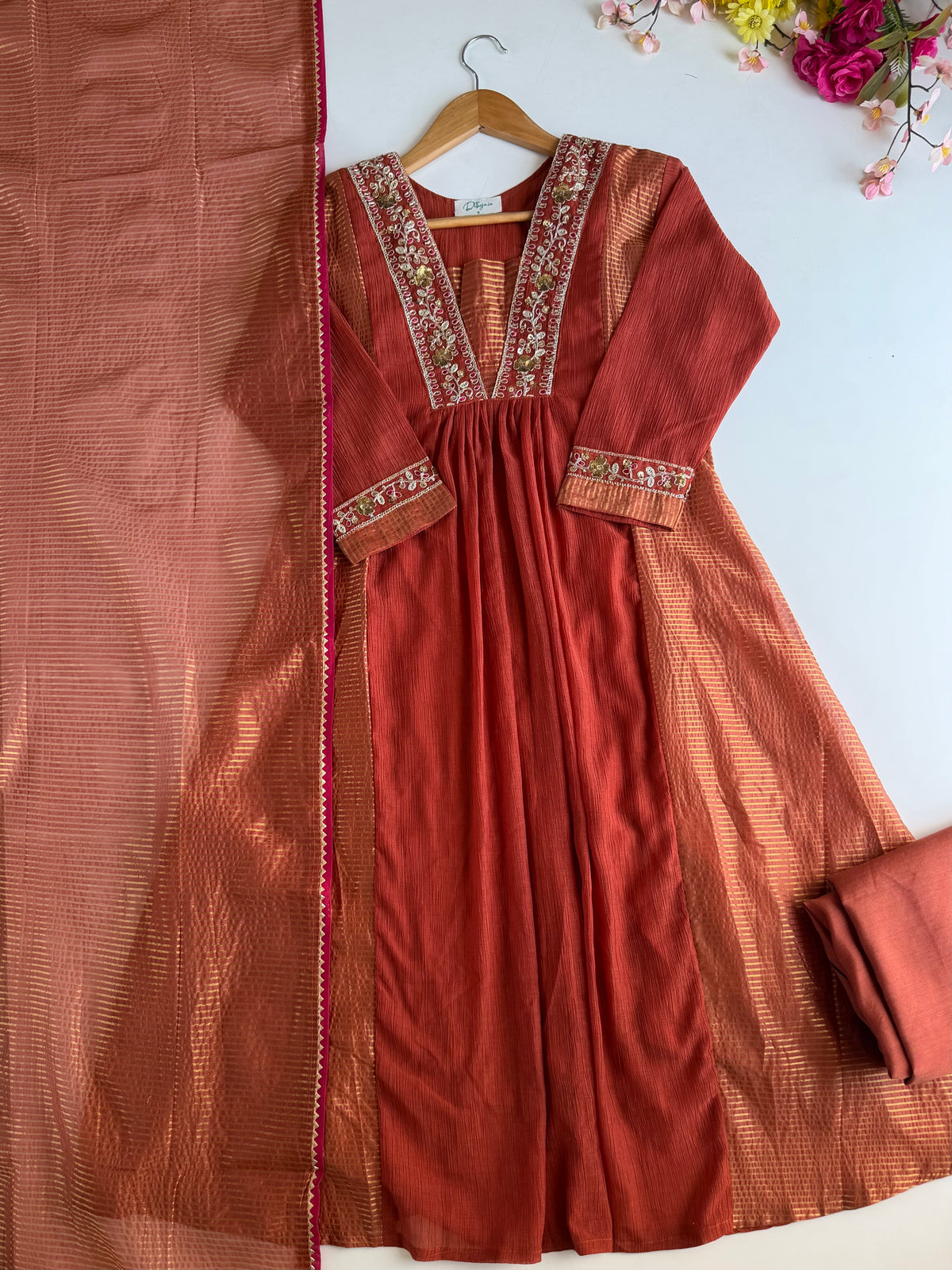 K339 - Crushed Surat Mul chanderi embroidered Anarkali with pants and dupatta