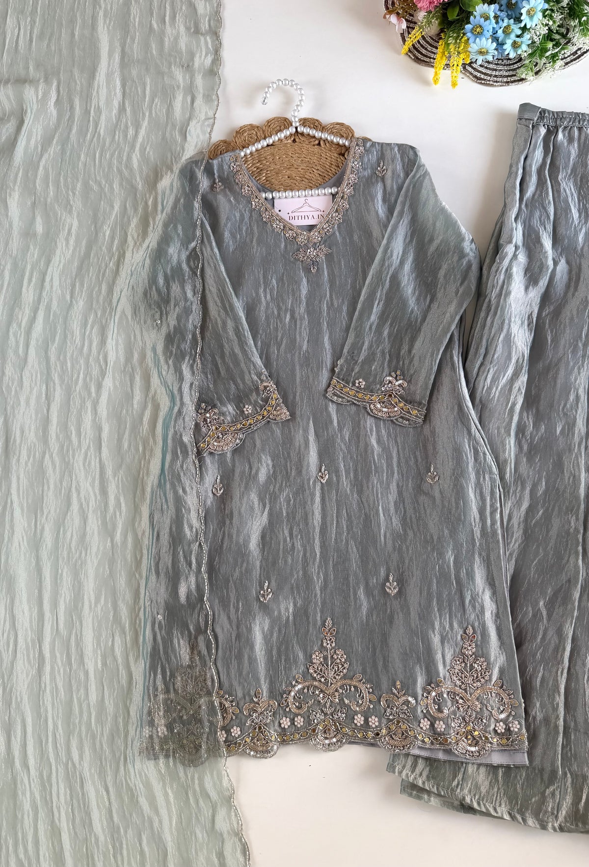 K646 - Glass tissue silk handwork short Kurti with divider pants and dupatta