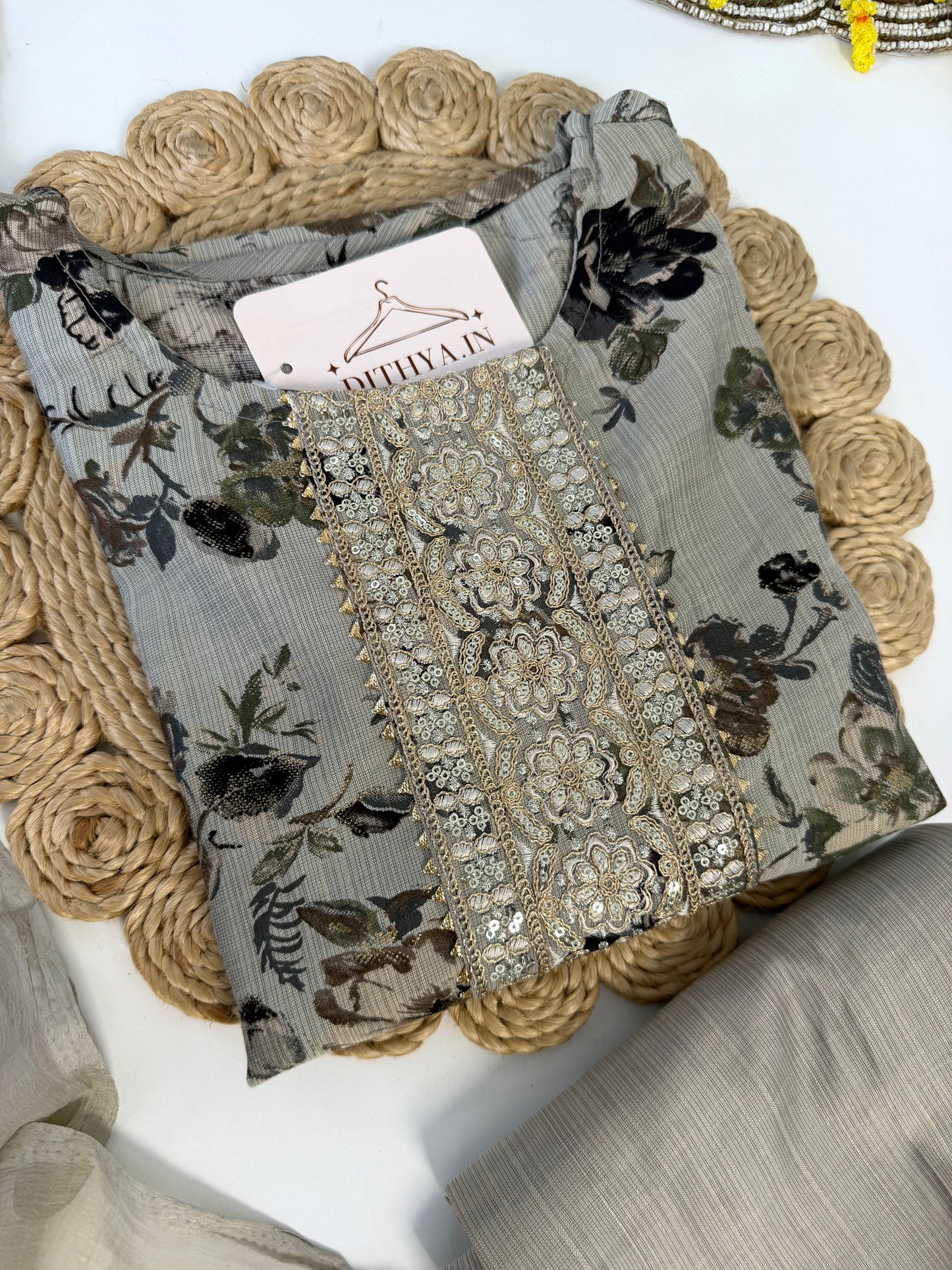 K542 - Roman silk embroidered straight Kurti with pants and dupatta