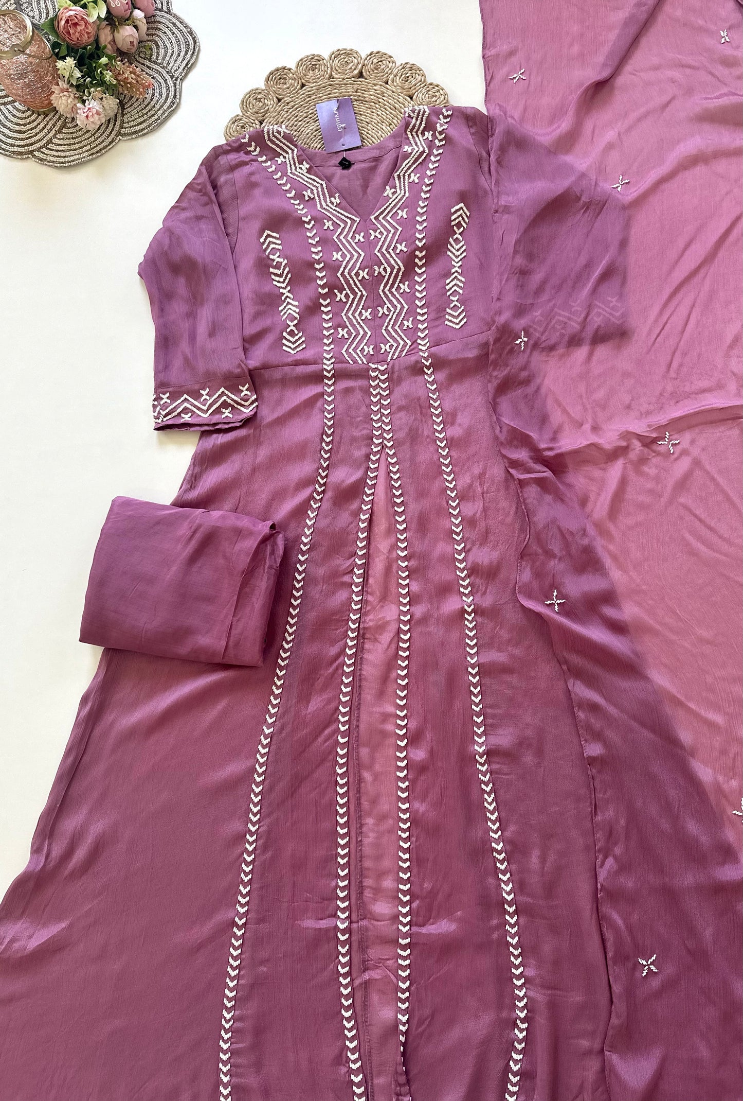K150 - Pearl work Chinnon Aline Kurti with centre slit , straight pants and organza dupatta .