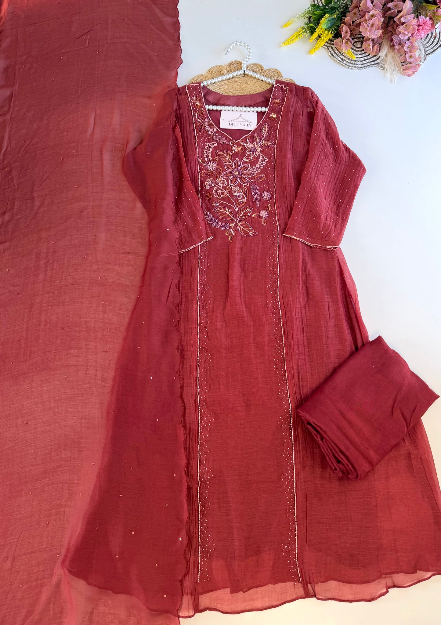 K507 - Mul chanderi handwork Aline Kurti with pants and dupatta
