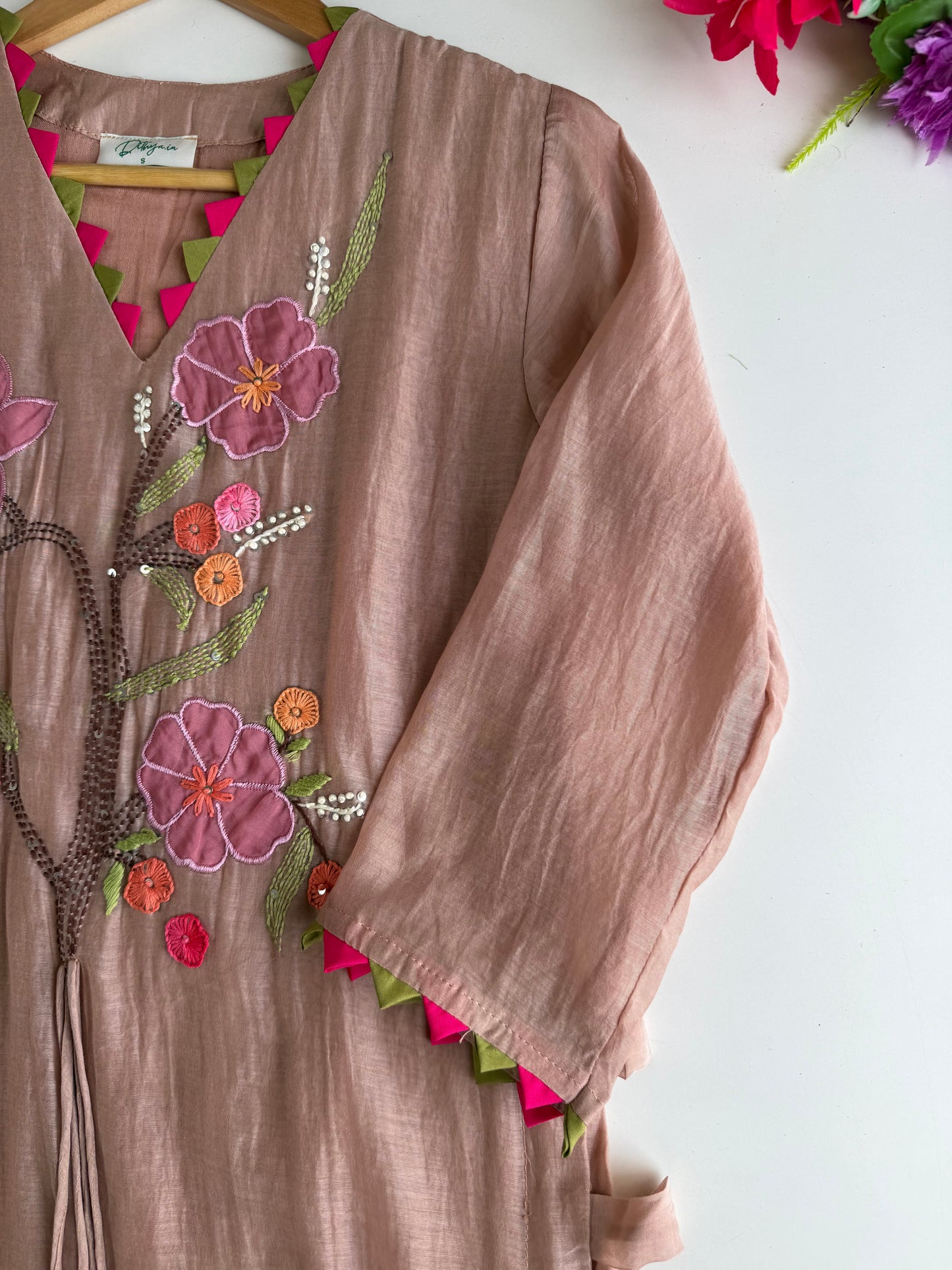 K701 - Mul chanderi embroidered Aline Kurti with pants and dupatta