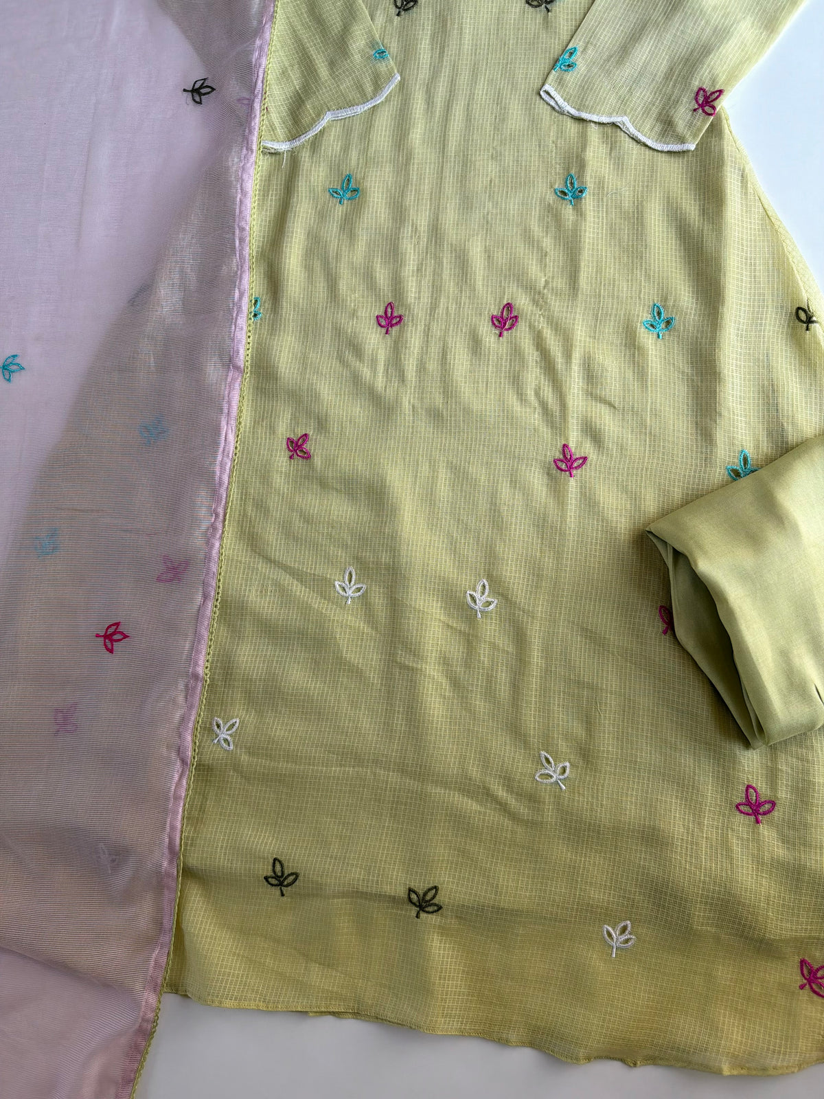 K077 - Kota doriya embroidered Aline Kurti with pants and dupatta