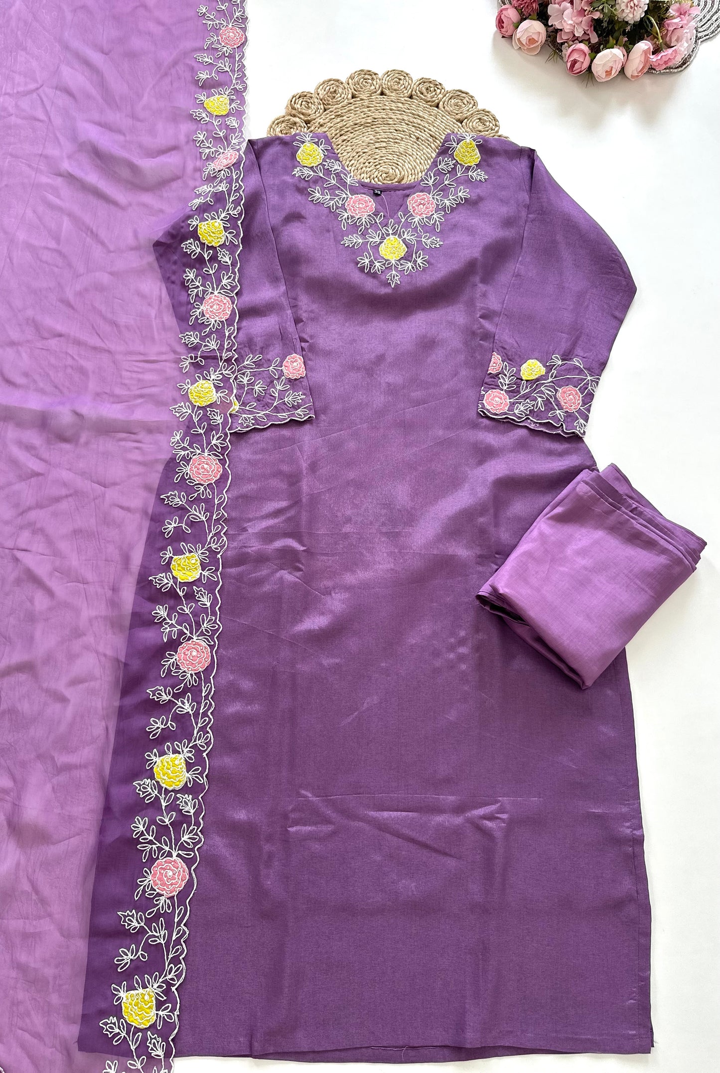 K361 - Russian silk appliqué work straight Kurti with pants and Dupatta in 2 colours