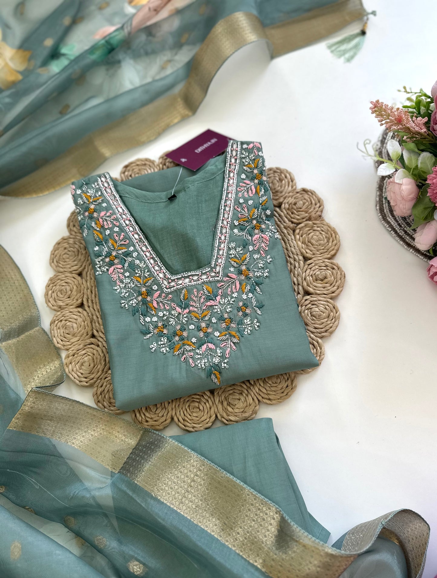 K217 - Modal silk Handwork straight kurti with pants and dupatta in 2 colours .