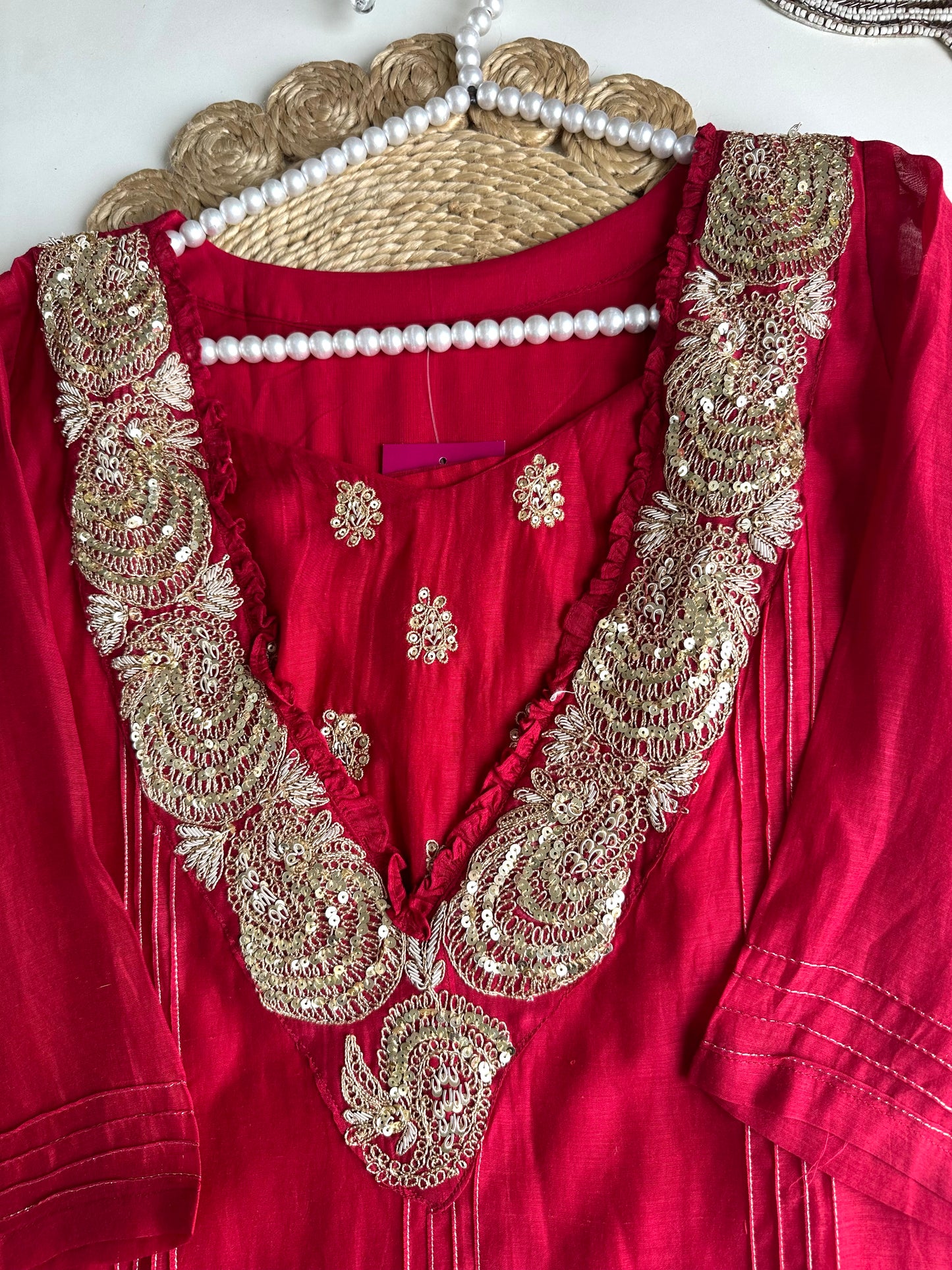 K451 - Mul Chanderi handwork Straight Kurti with inner and pants