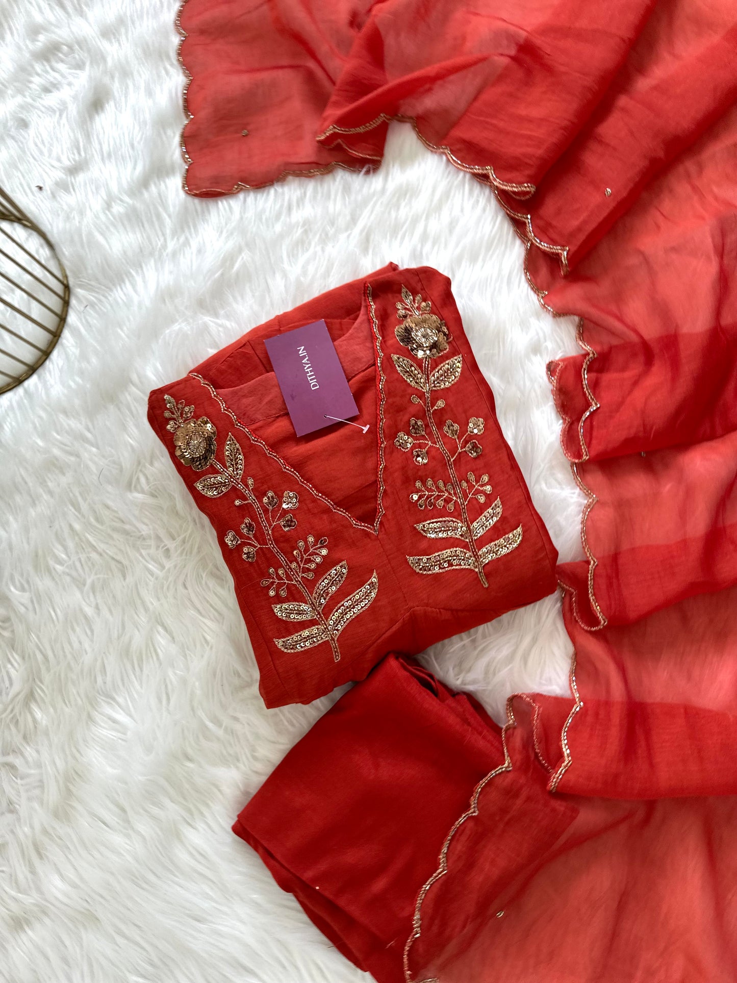 K181 - Zardosi Work Mul Chanderi Aline Kurti with pants and dupatta .