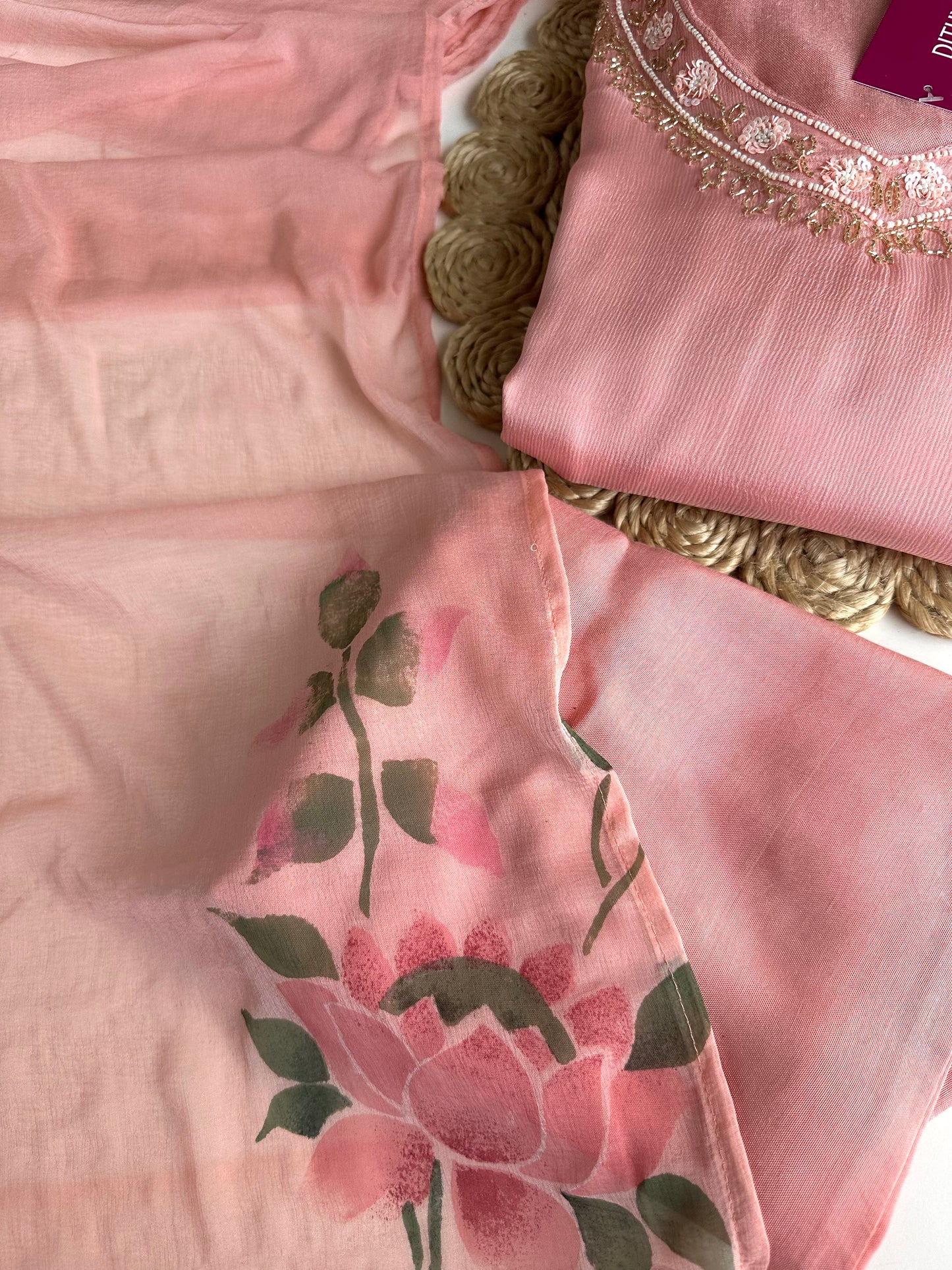 K252 - Chinnon handwork Aline Kurti with pants and dupatta