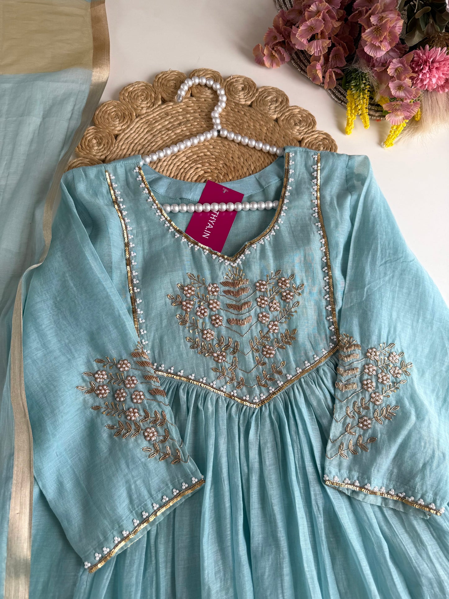 K513 - Mul chanderi handwork Anarkali with pants and dupatta