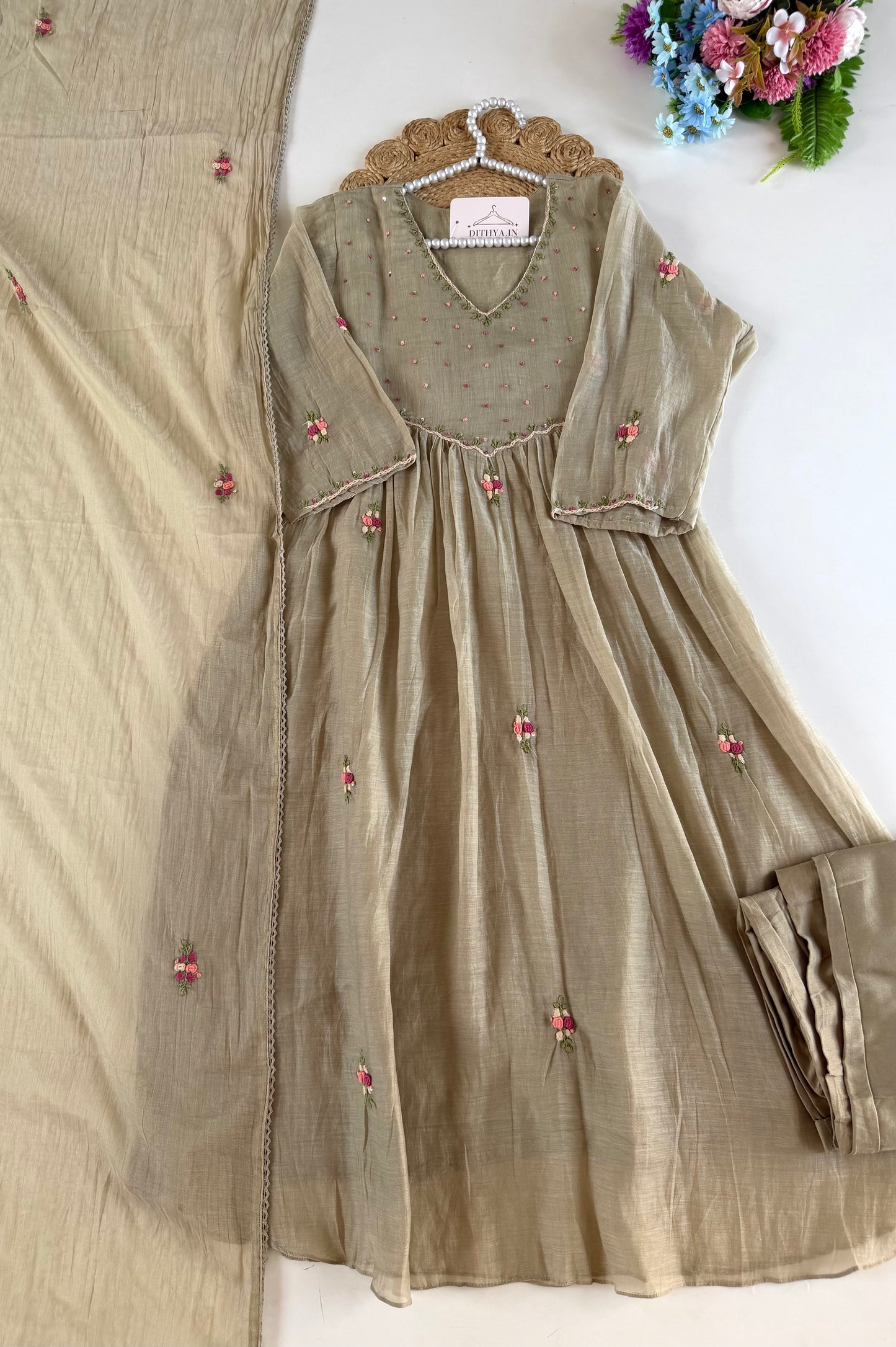 K154 - Mul chanderi embroidered Anarkali with pants and dupatta