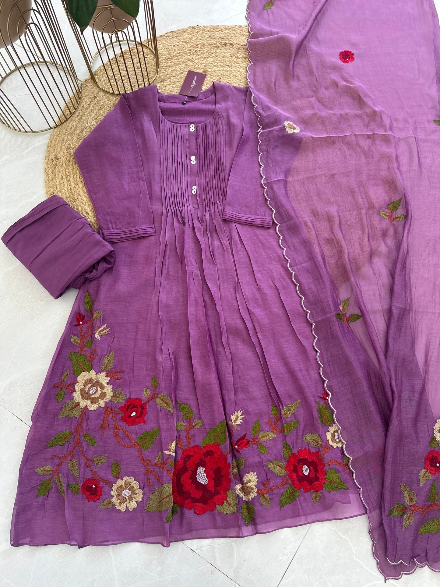 K308 - Mul Chanderi hand embroidered Aline Kurti with pants and dupatta in 2 colours .