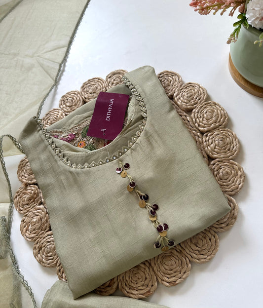 K095 - Russian silk heavy handwork straight kurti with pants and dupatta