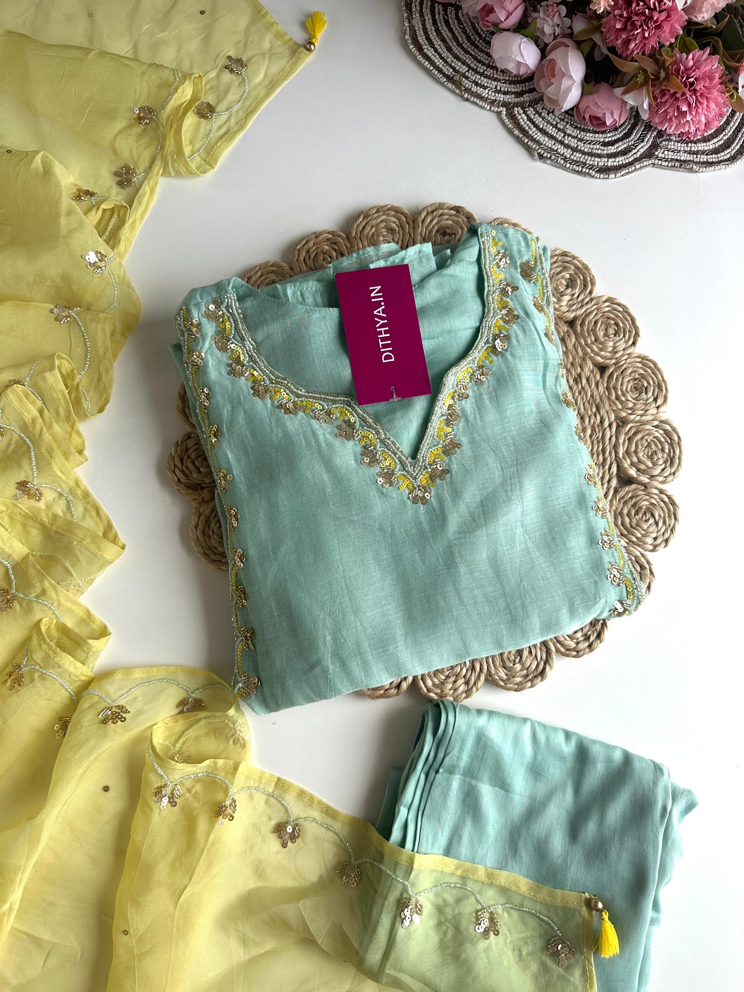 K360 - Mul Chanderi handwork Aline Kurti with pants and dupatta