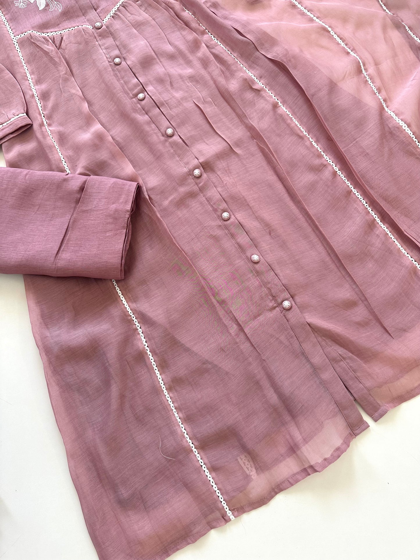 K060 - Mul Chanderi hand embroidered Aline Kurti with pants and dupatta