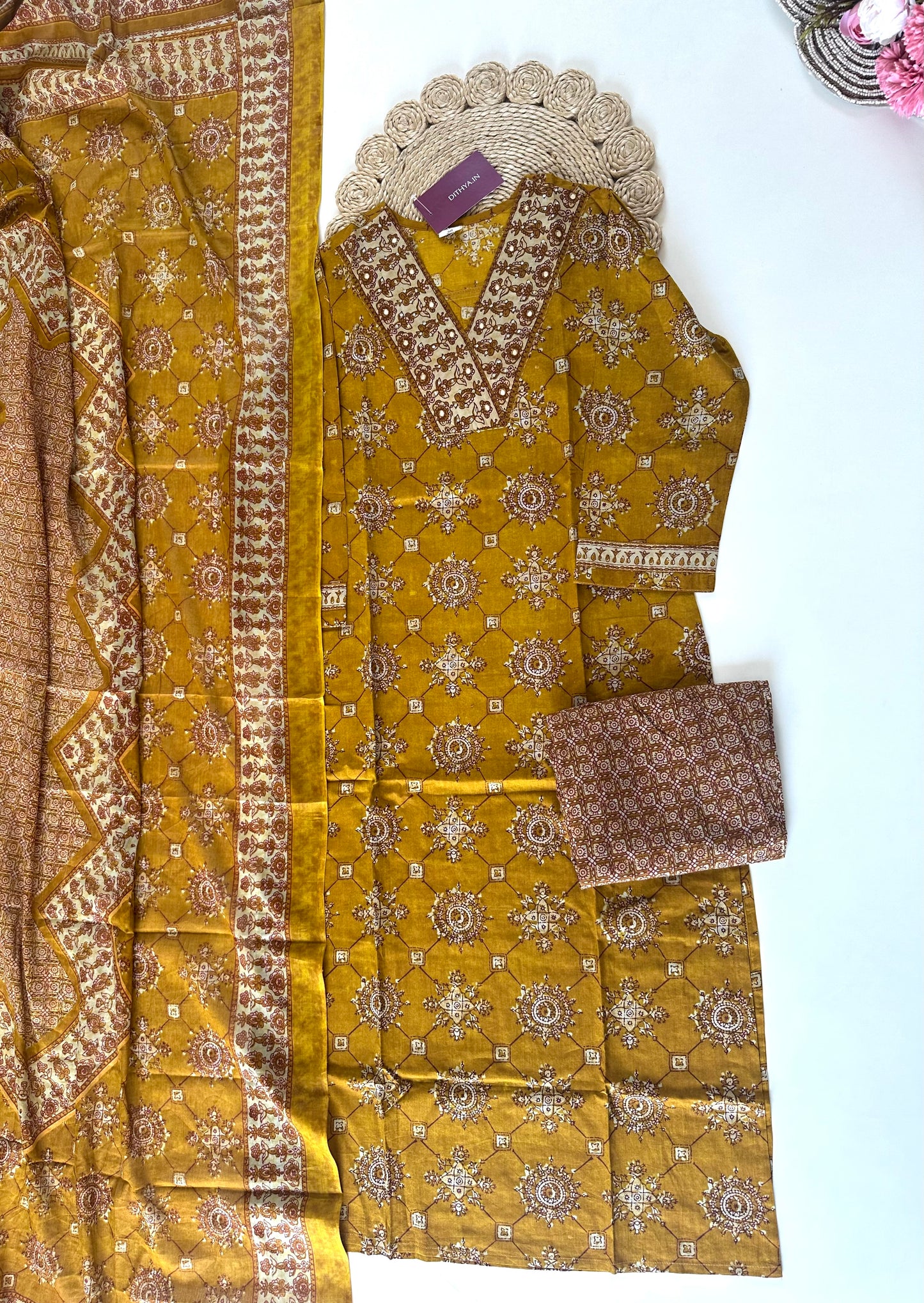 K196 - Cotton printed straight kurti with pants and dupatta .