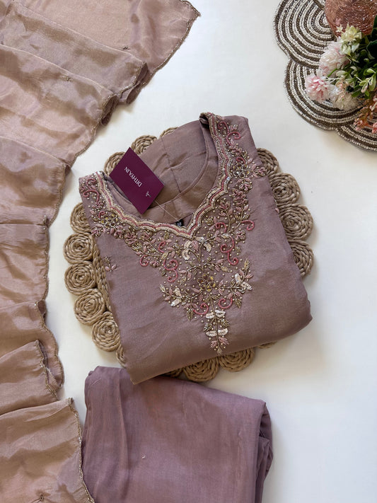 K006 - Tissue silk Handwork Anarkali with pants and dupatta