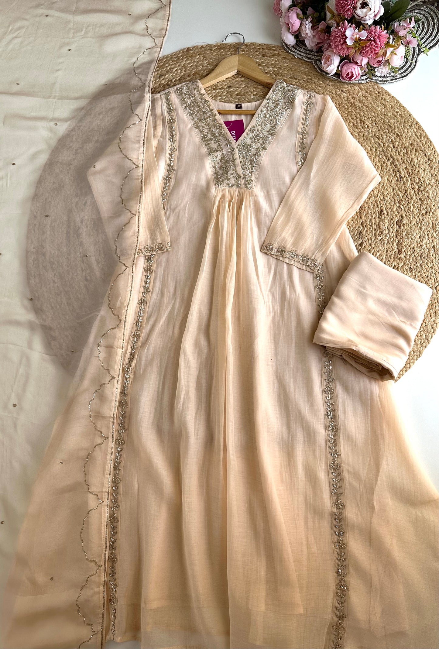 K165 - Mul Chanderi handwork Aline Kurti with pants and dupatta