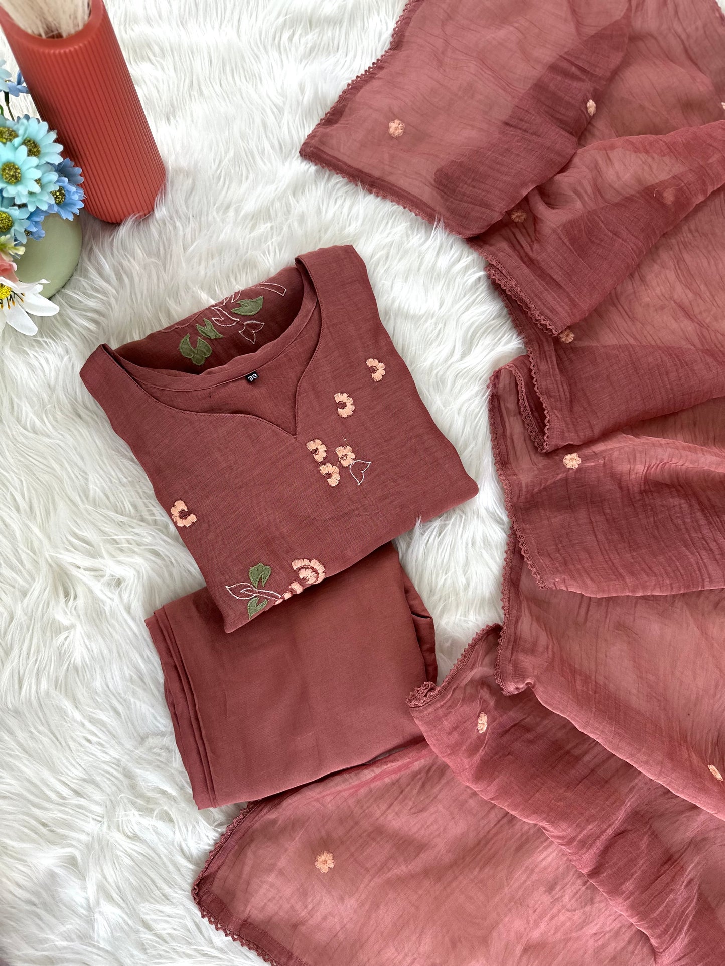 K208 - Mul Chanderi appliqué work Aline Kurti with pants and dupatta