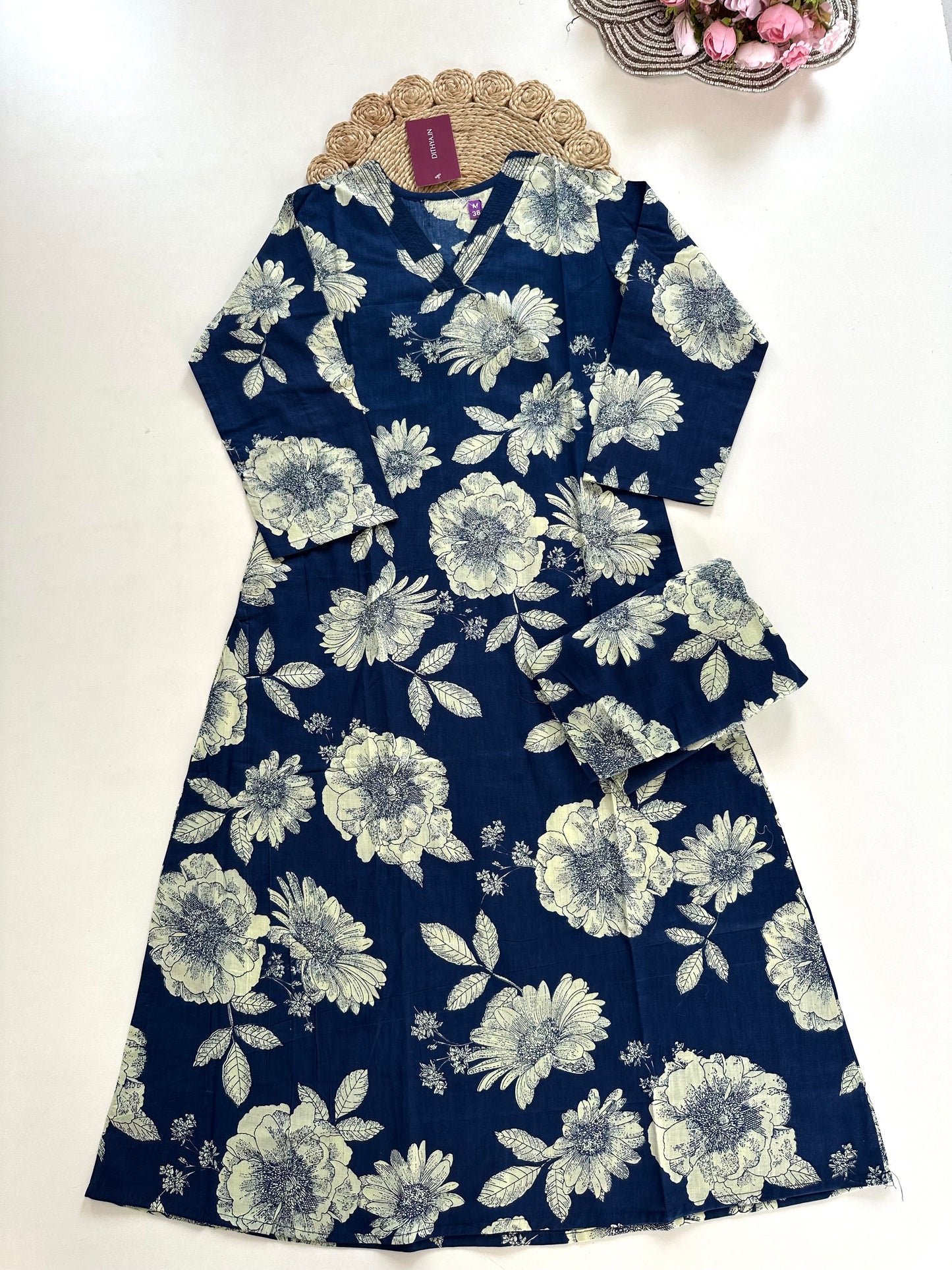K227 - Cotton floral Aline Kurti with pants in 3 colours