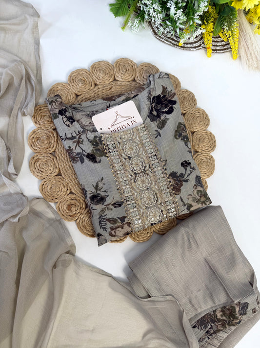 K542 - Roman silk embroidered straight Kurti with pants and dupatta