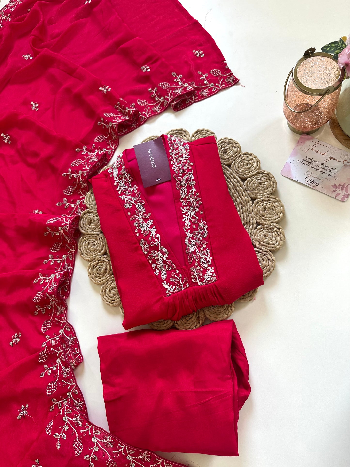K103 - Pure chinnon Handwork Aline Kurti with pants and dupatta .