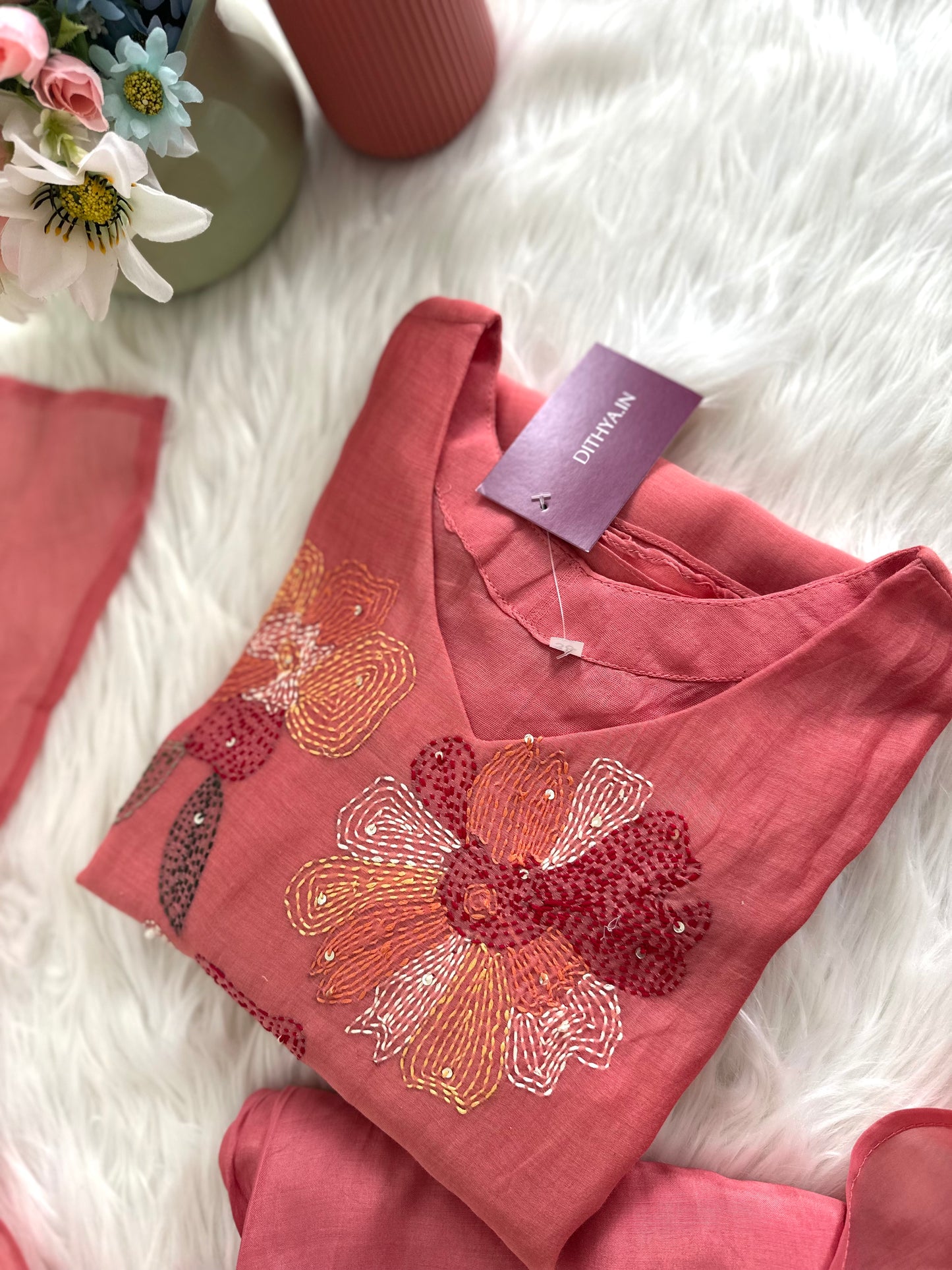 K261 - Mul Chanderi Embroidered Aline Kurti with pants and dupatta