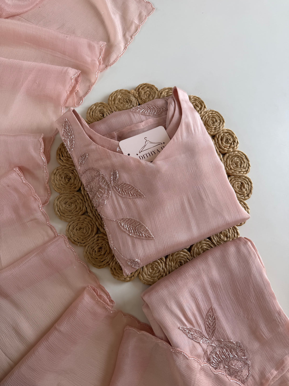 K476 - Pure Chinnon handwork aline Kurti with pants and dupatta