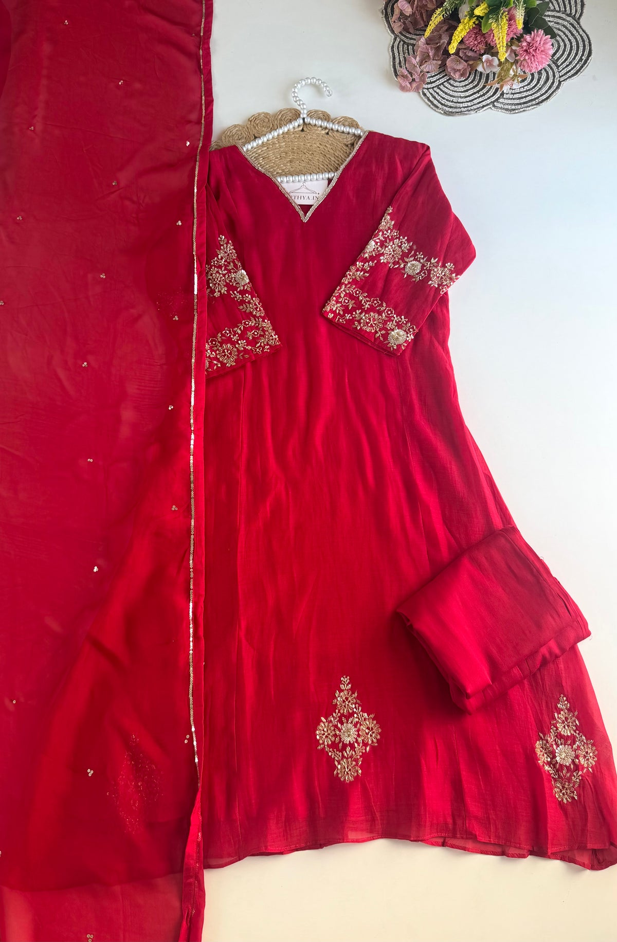 K457 - Mul chanderi handwork aline Kurti with pants and dupatta