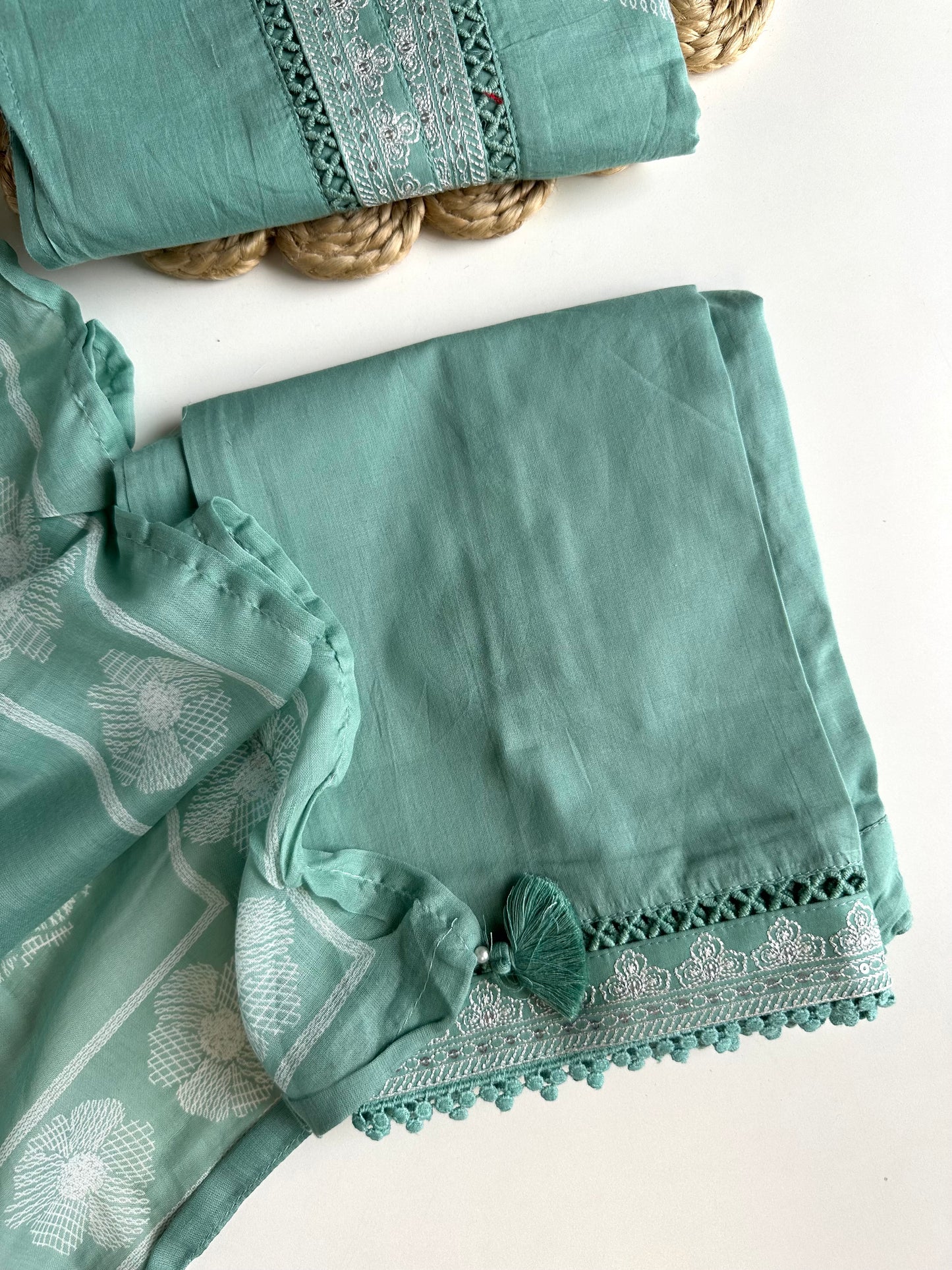 K447 - Mul Cotton embroidered straight Kurti with pants and dupatta