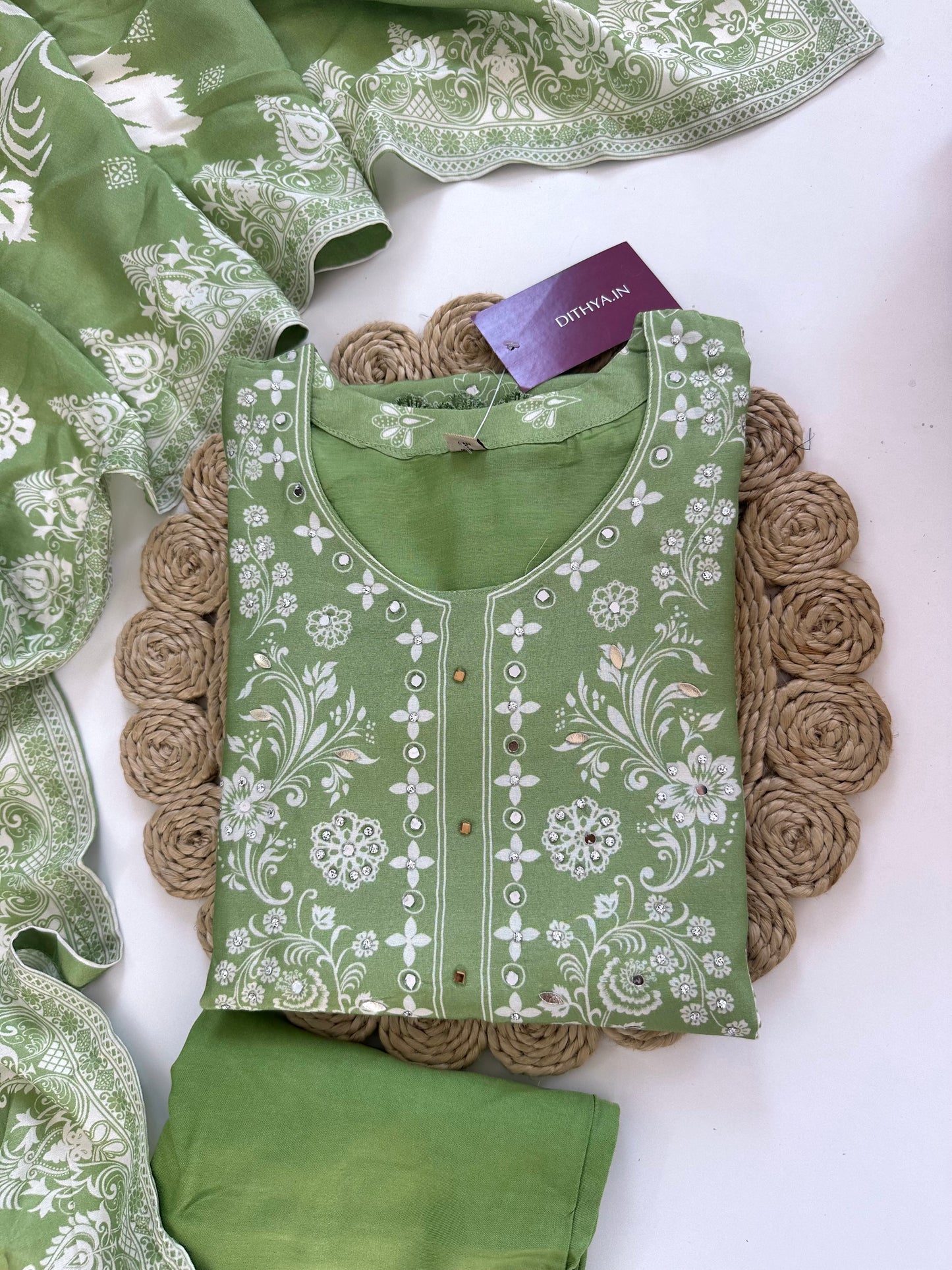 K119 - Crepe Printed mirror work straight Kurti with pants and dupatta