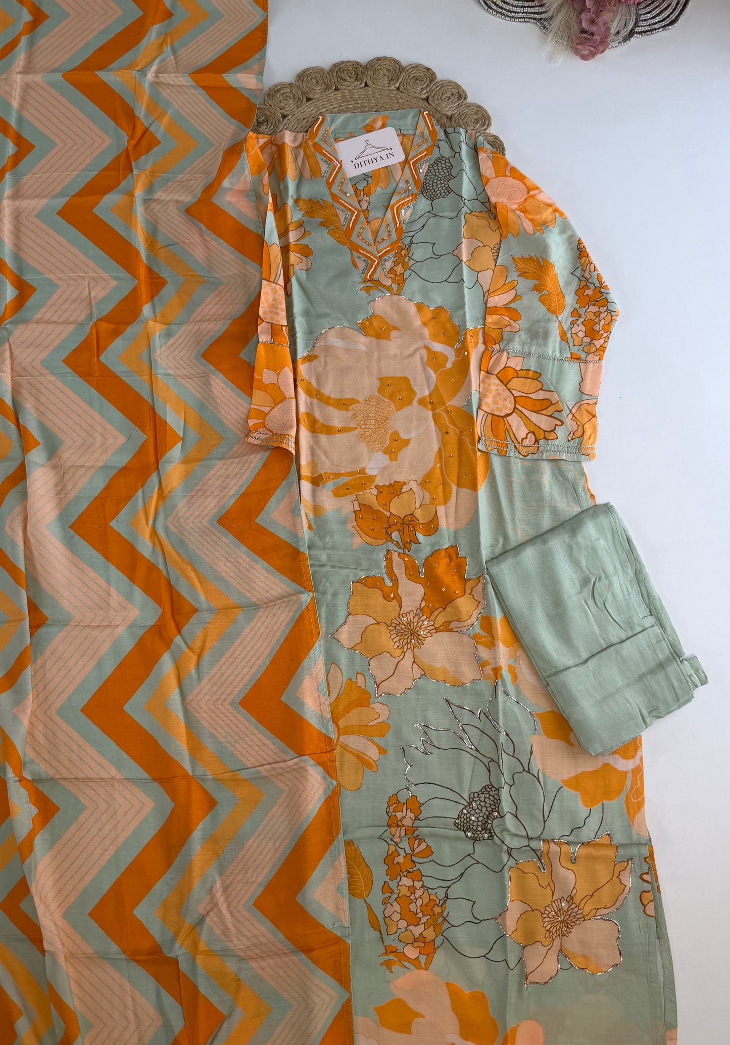 K505 - Muslin handwork floral straight Kurti with pants and dupatta in 2 colours