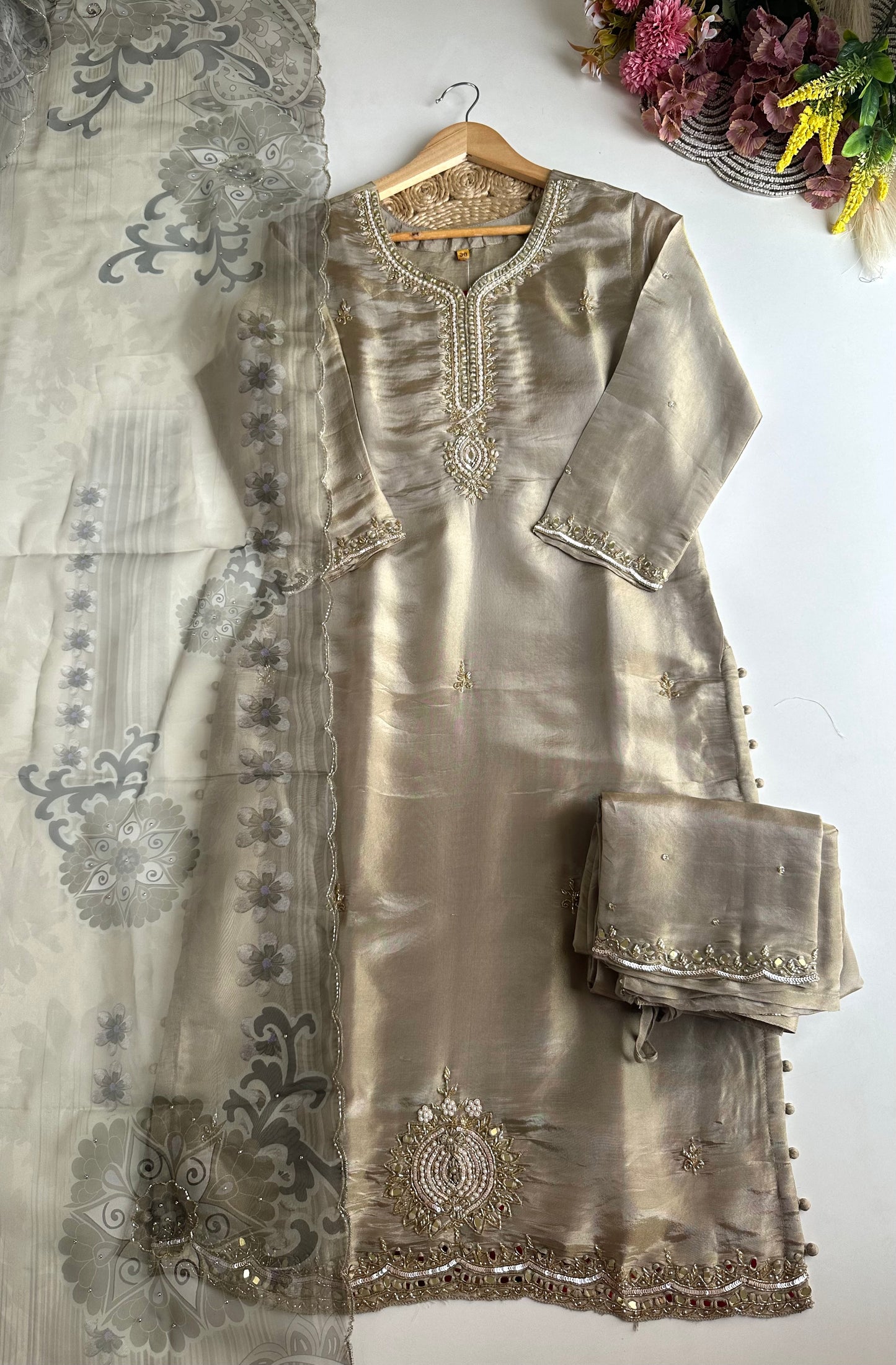 K475 - Tissue silk handwork straight Kurti with pants and dupatta