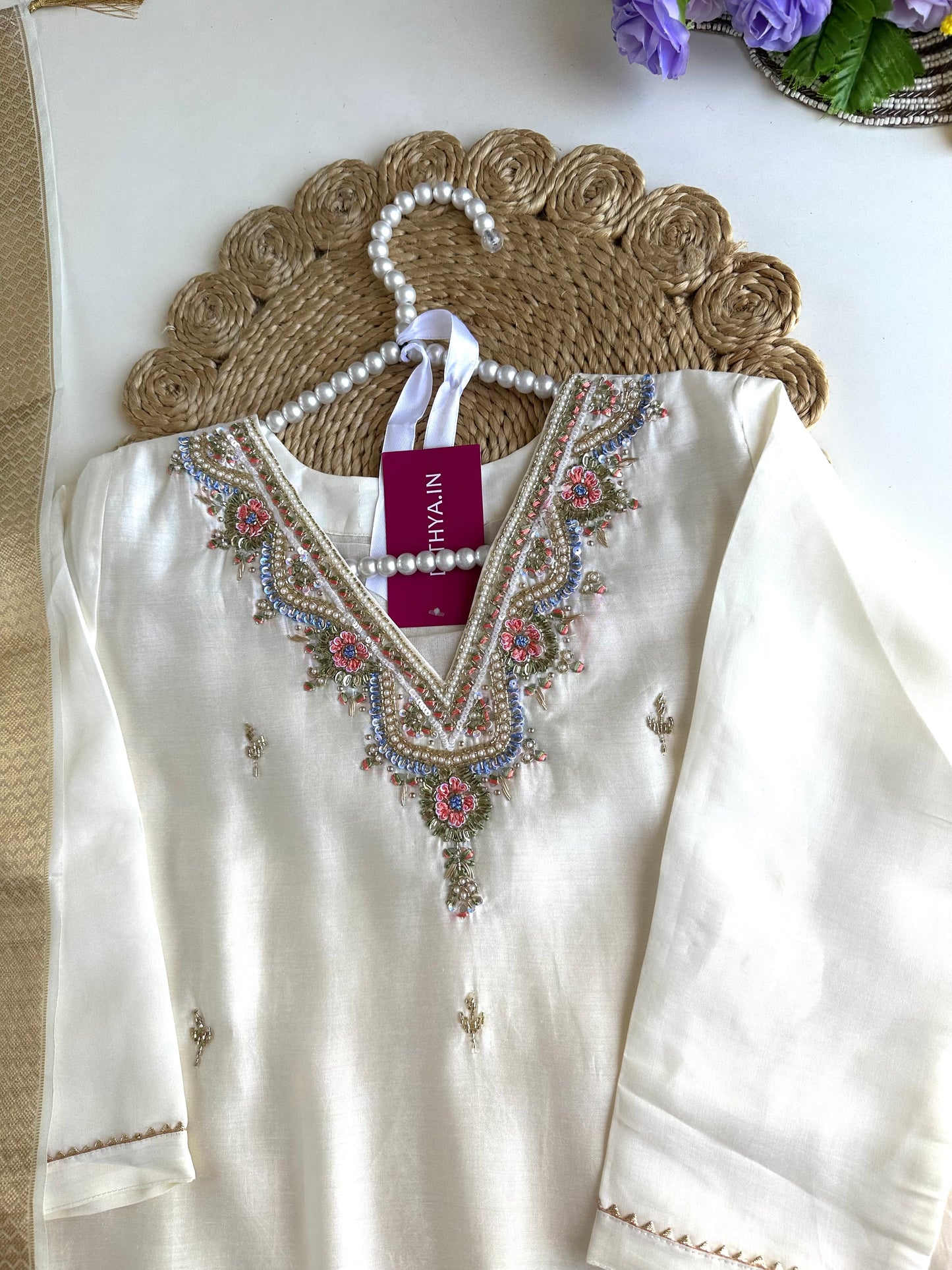 K024 - Roman silk handwork straight Kurti with pants and dupatta in 3 colours