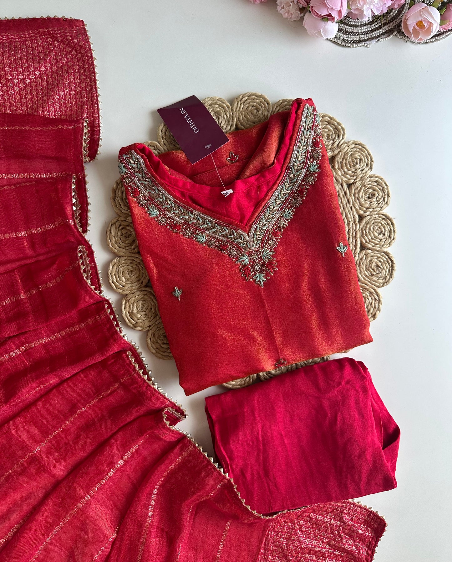 K013 - Tissue silk handwork straight Kurti with pants and dupatta
