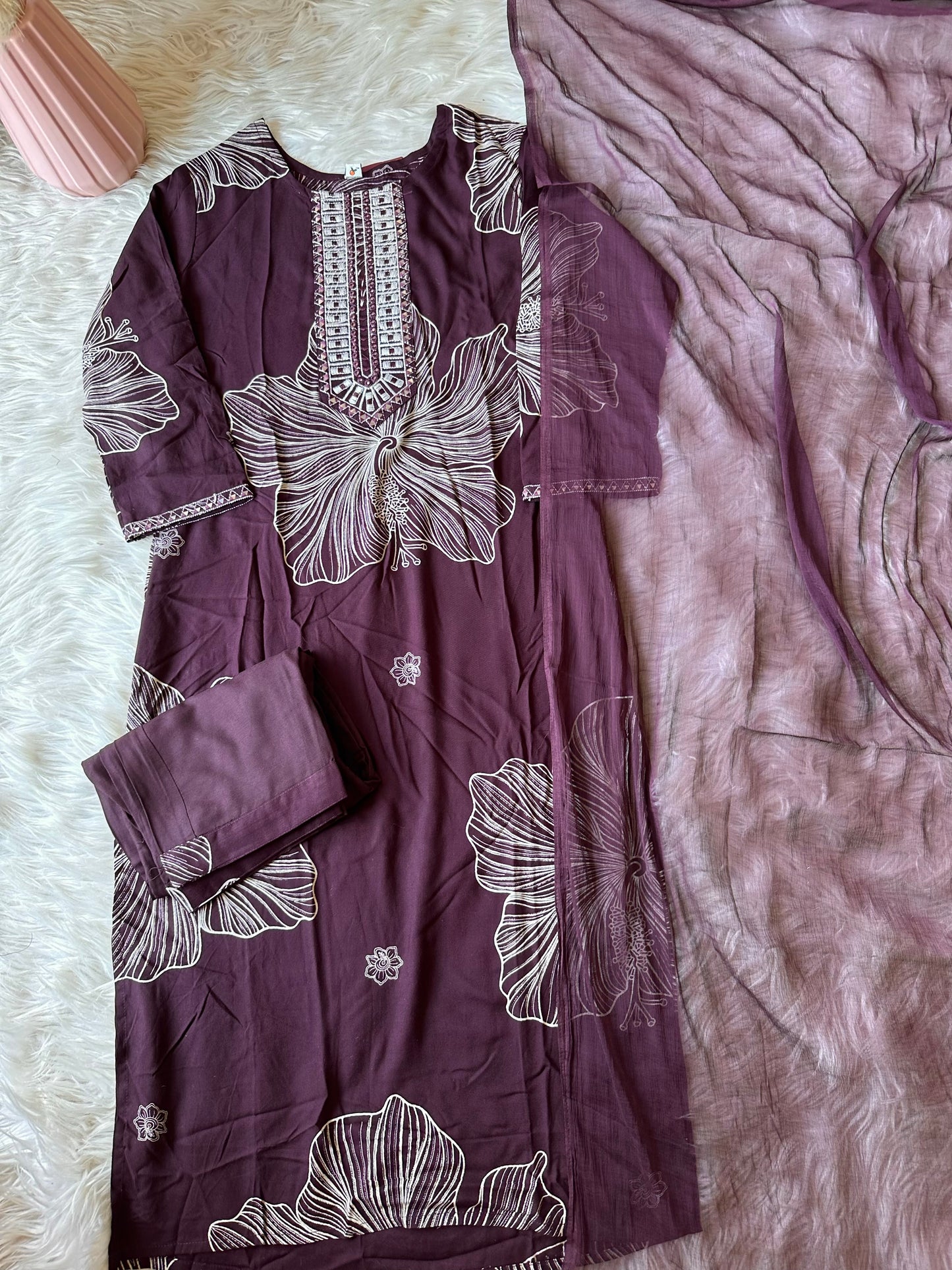 K215 - Rayon cotton floral straight Kurti with pants and dupatta