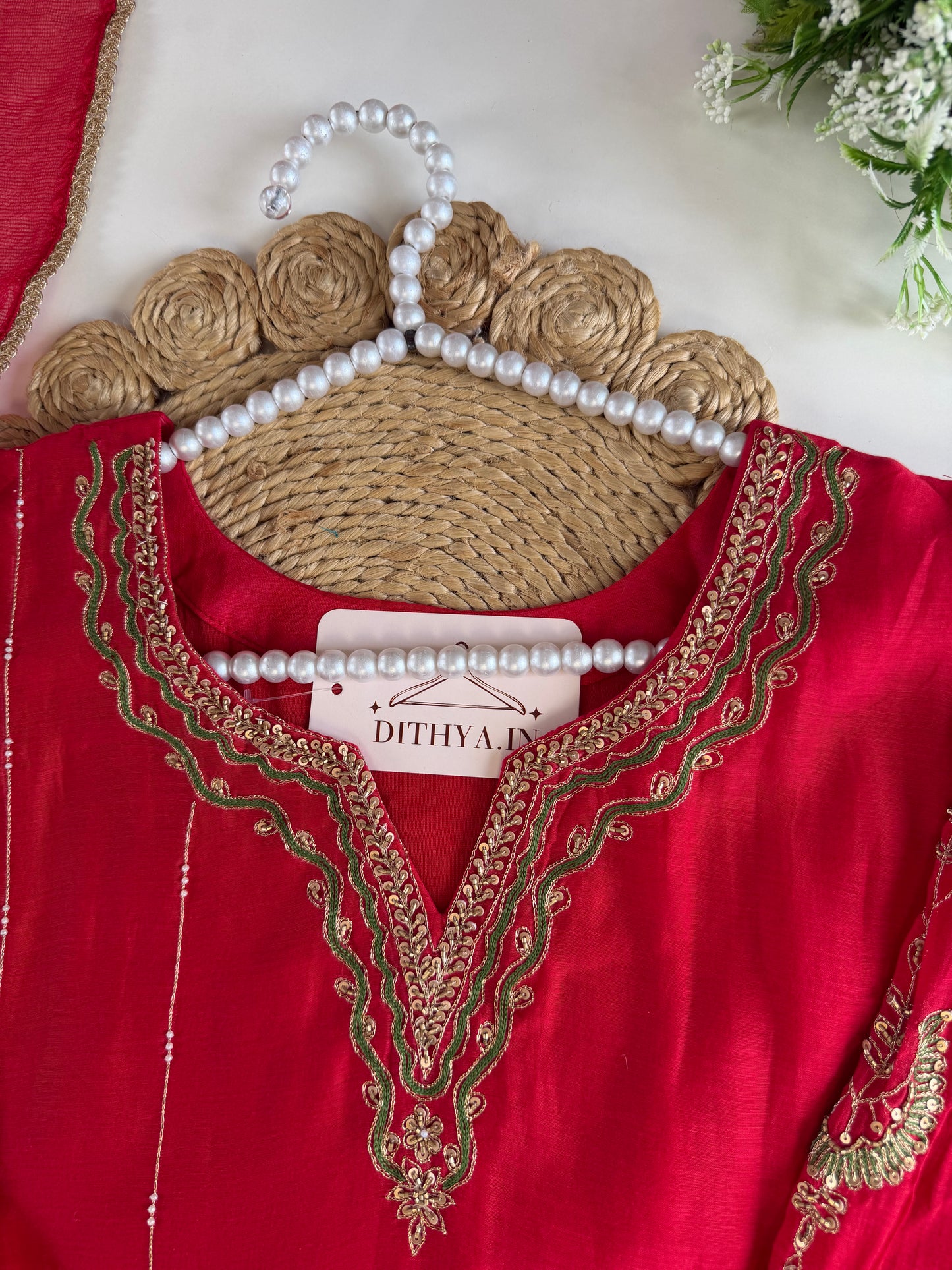 K532 - Mul chanderi Handwork aline Kurti with pants and dupatta