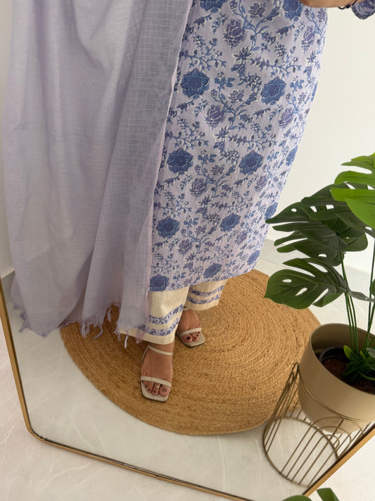 K103 - Mul cotton embroidered straight Kurti with pants and kota doriya dupatta