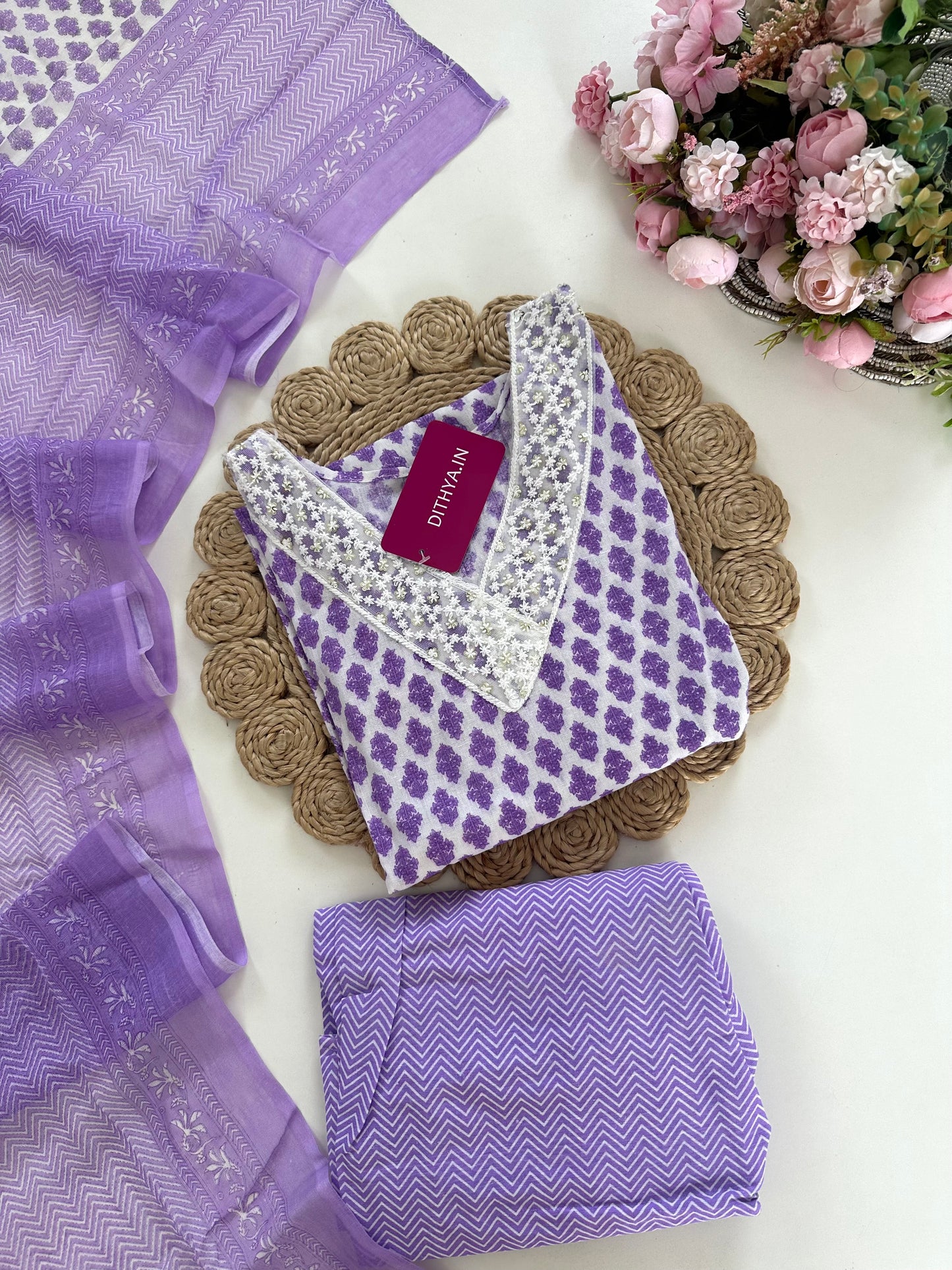 K354 - Cotton floral straight Kurti with pants and dupatta