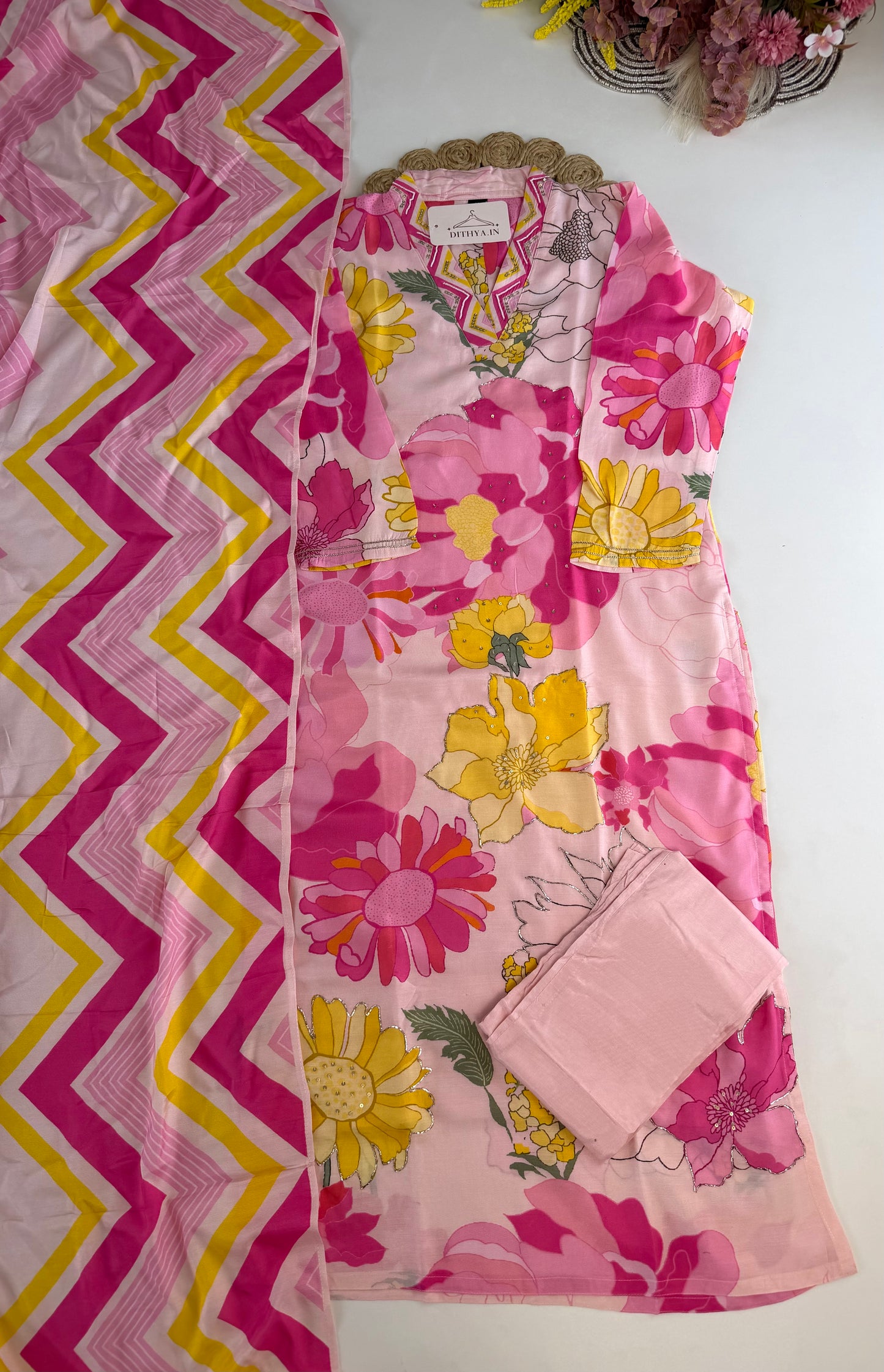 K505 - Muslin handwork floral straight Kurti with pants and dupatta in 2 colours