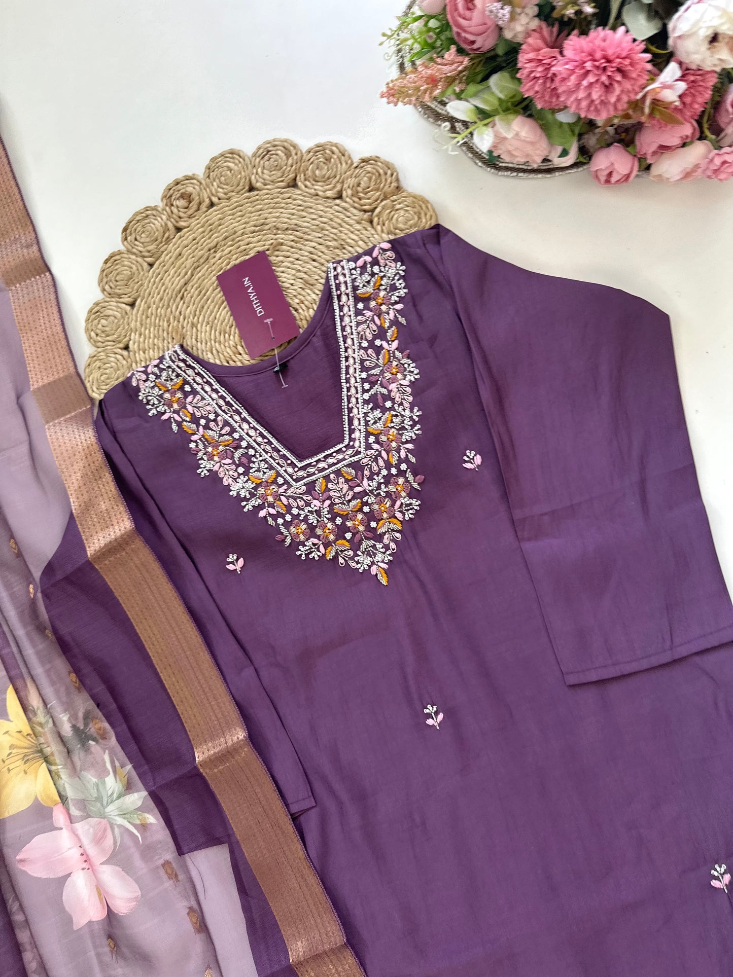 K217 - Modal silk Handwork straight kurti with pants and dupatta in 2 colours .