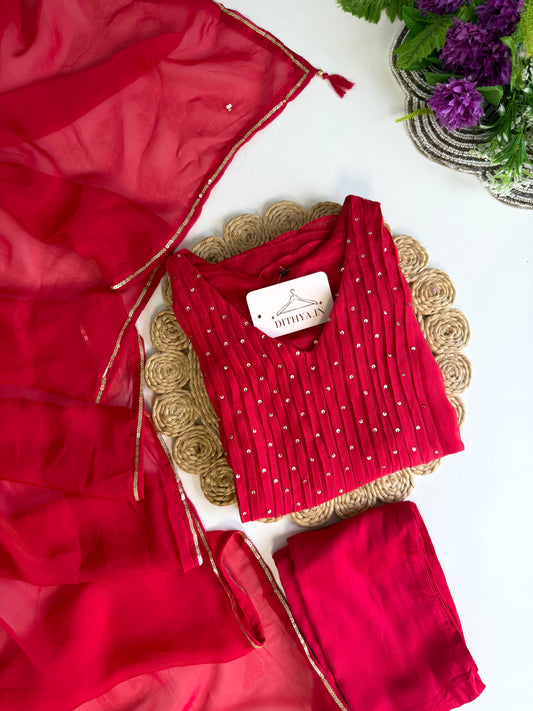 K537 - Mul chanderi handwork Aline Kurti with pants and dupatta