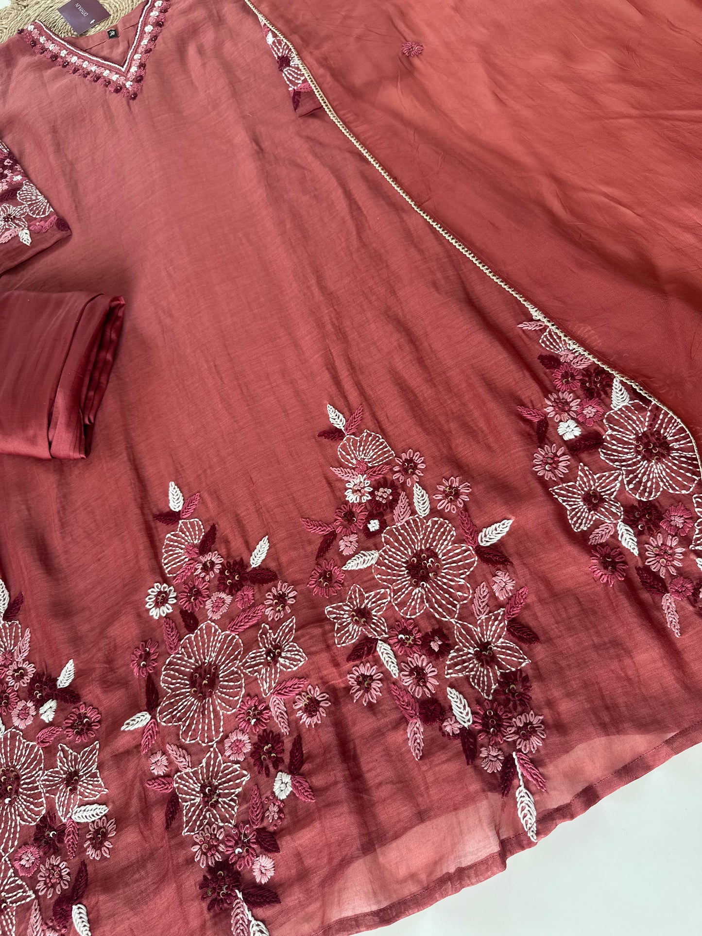 K116 - Mul Chanderi Threadwork Anarkali with pants and dupatta .