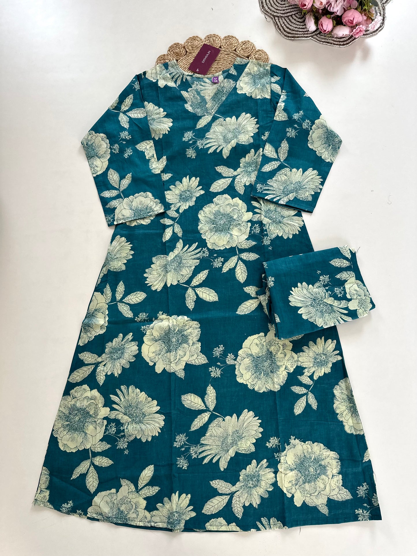 K227 - Cotton floral Aline Kurti with pants in 3 colours