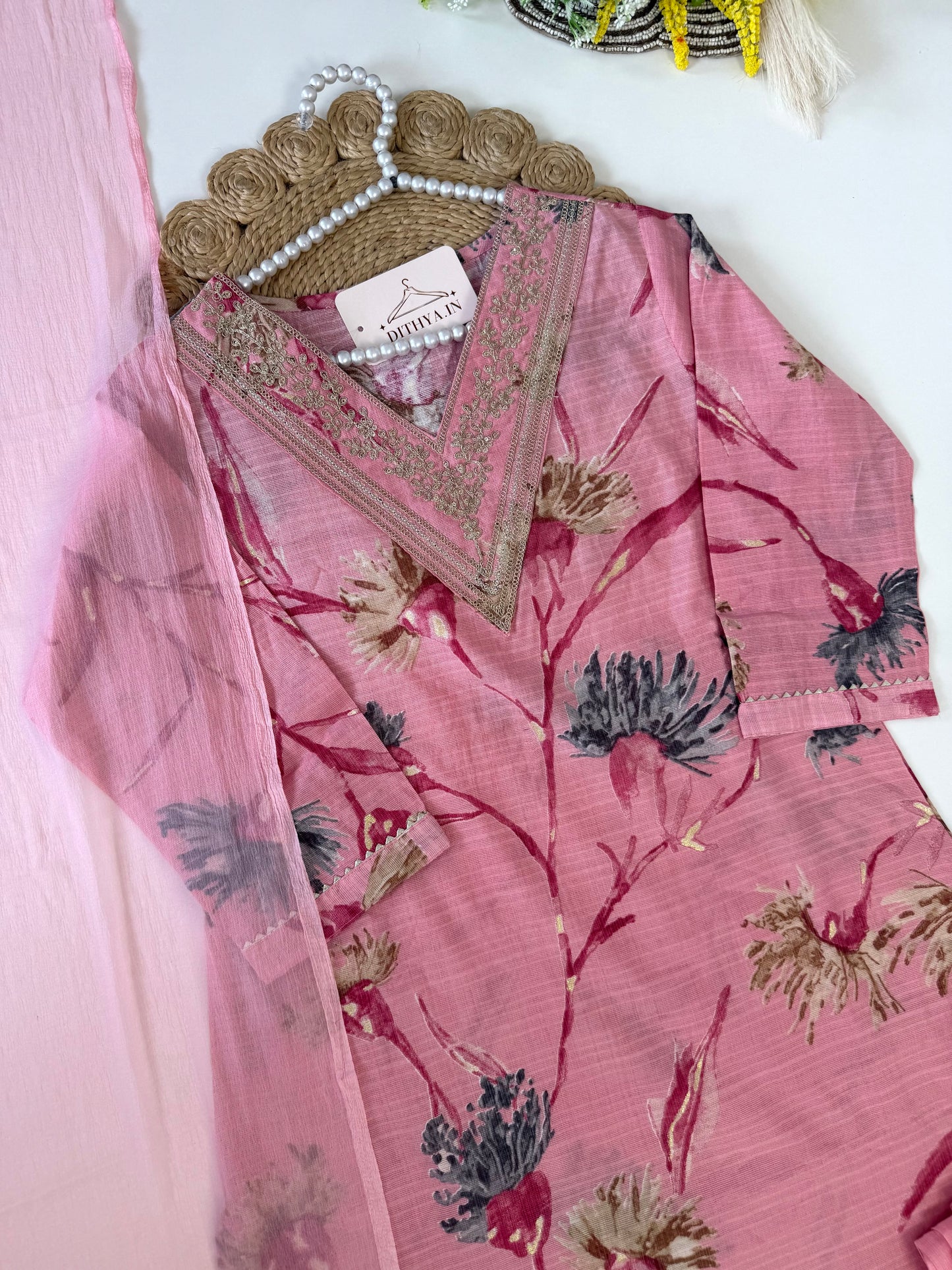 K543 - Roman silk embroidered straight Kurti with pants and dupatta