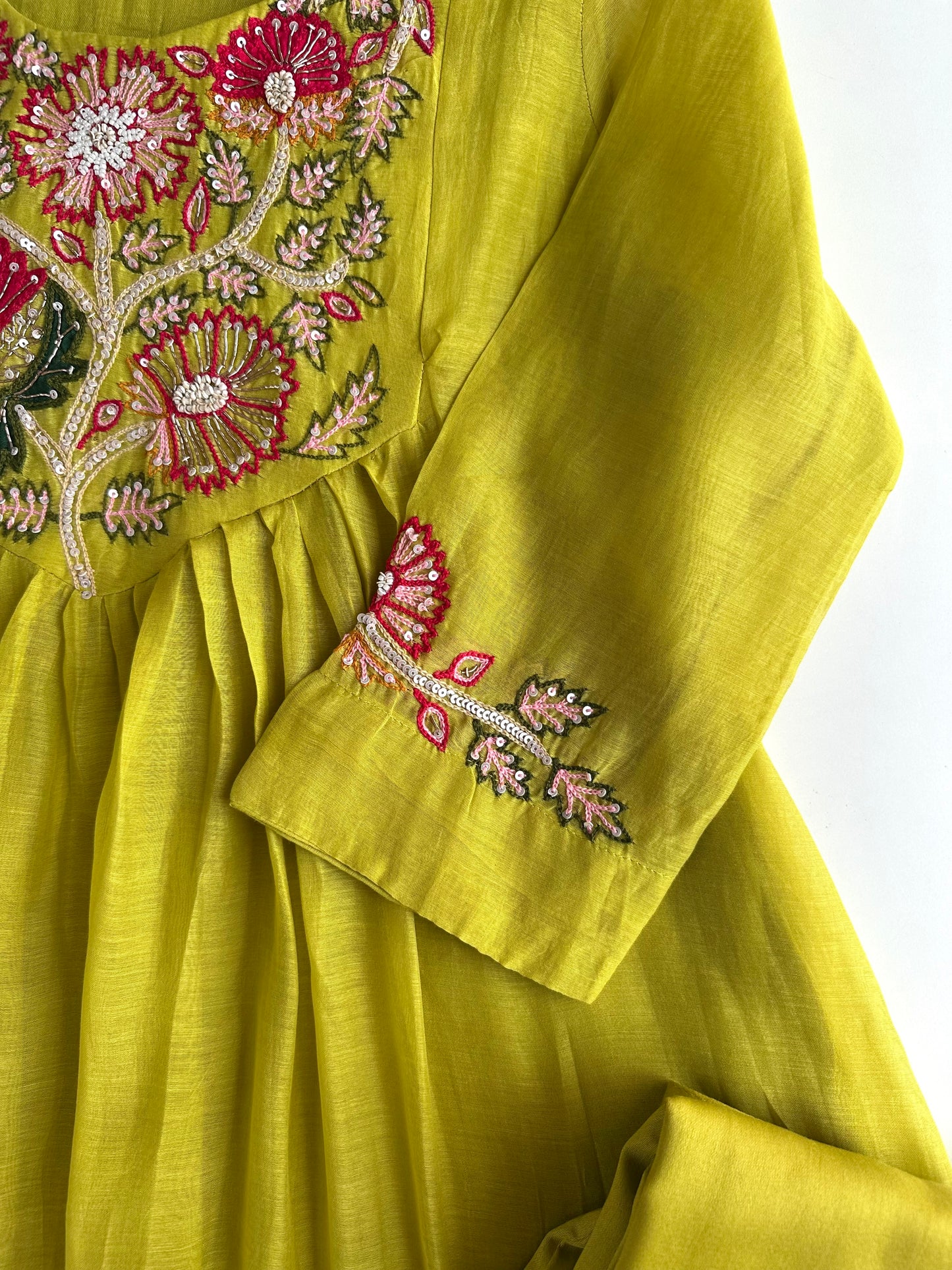 K148 - Mul Chanderi handwork Aline Kurti with pants and dupatta