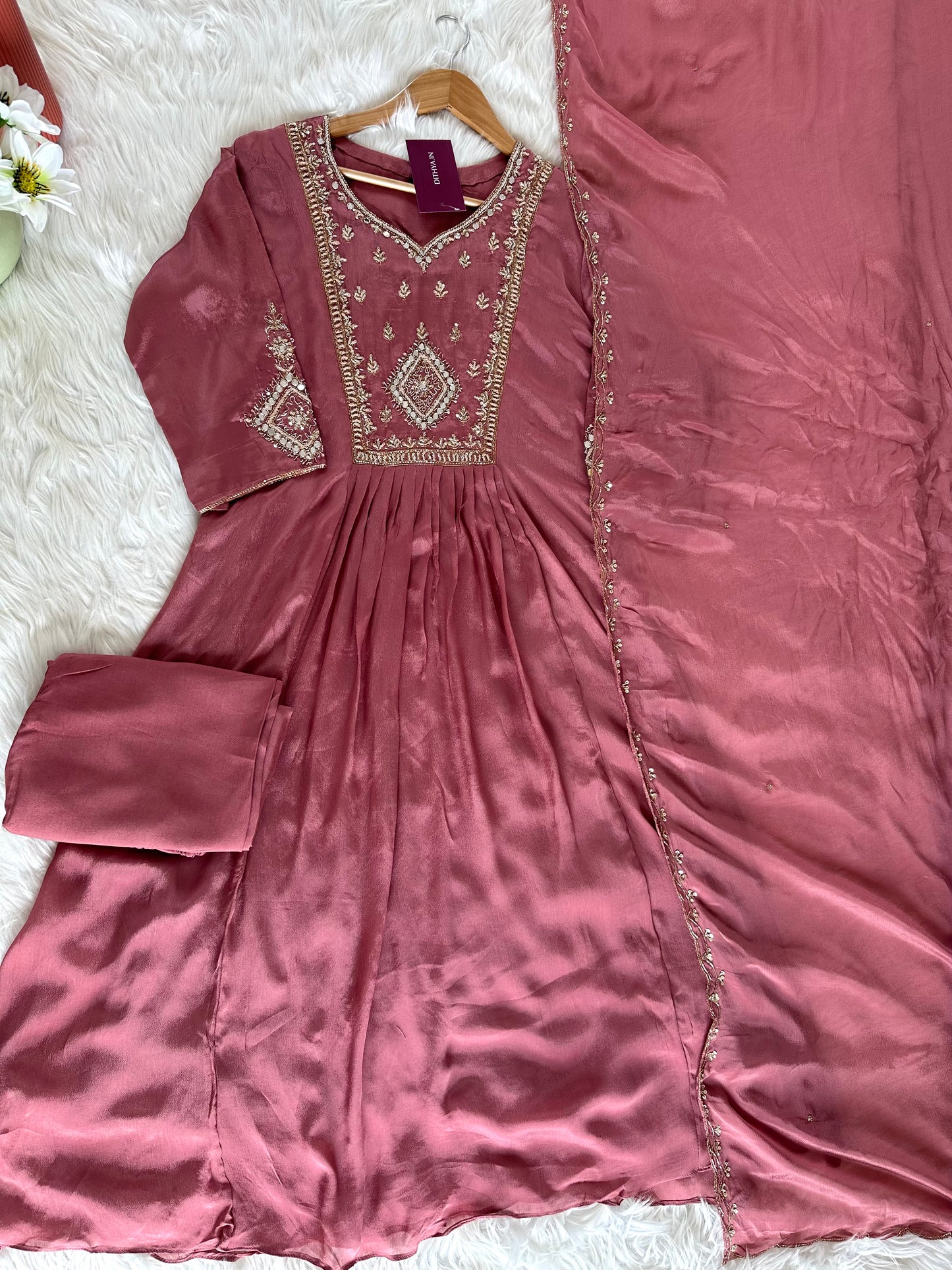 K399 - Handwork Chinnon Anarkali with pants and dupatta in 2 colour