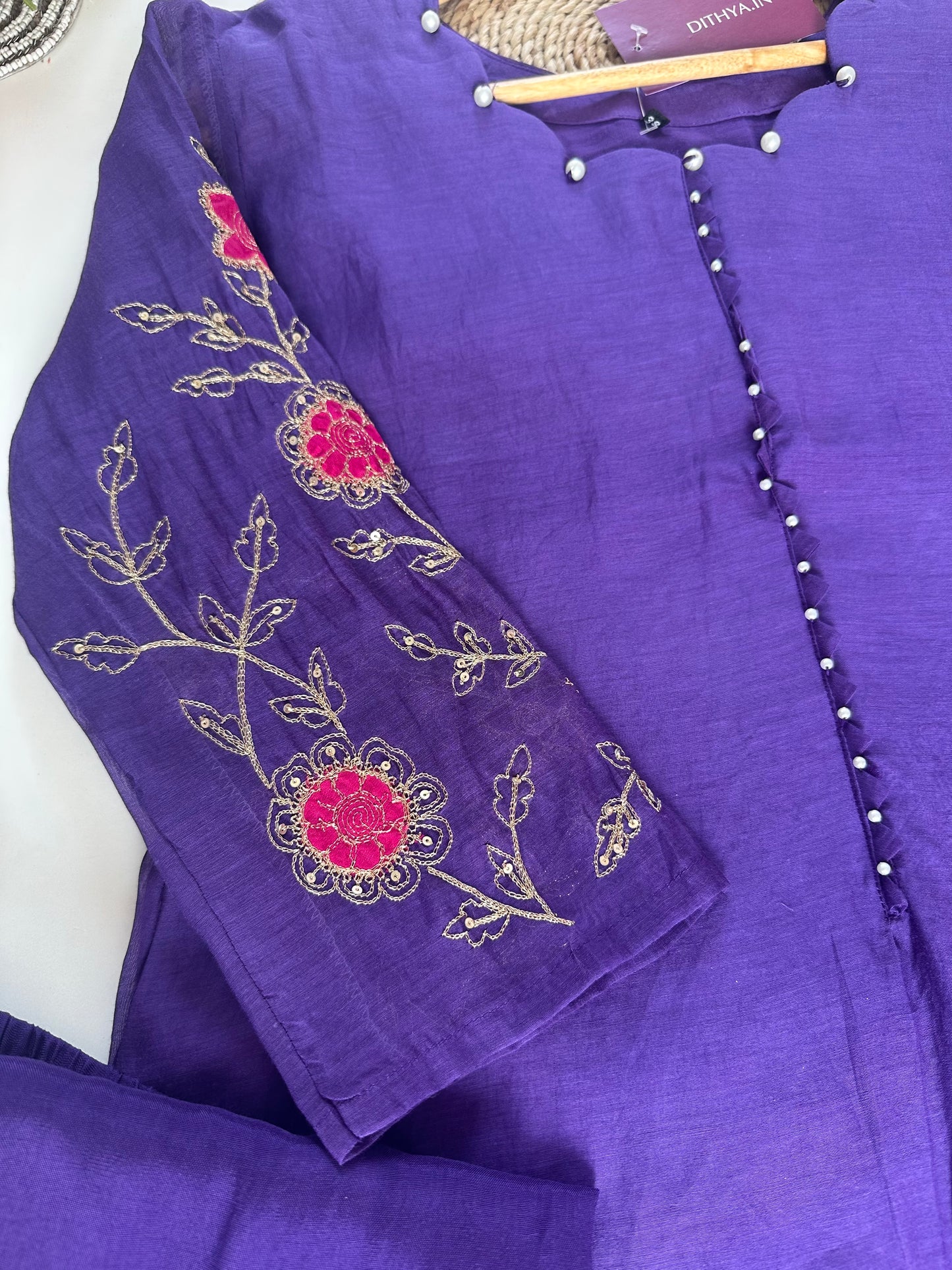 K205 - Mul Chanderi Handwork Aline Kurti with pants and dupatta .