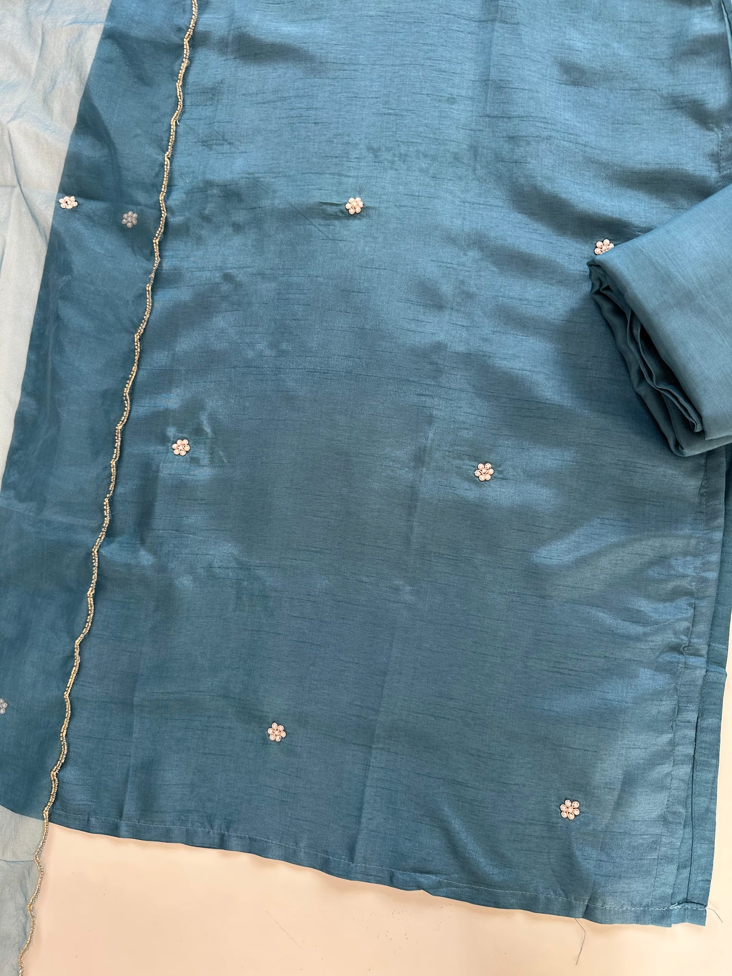 K231-Dola silk handwork straight Kurti with pants and dupatta in 2 colours