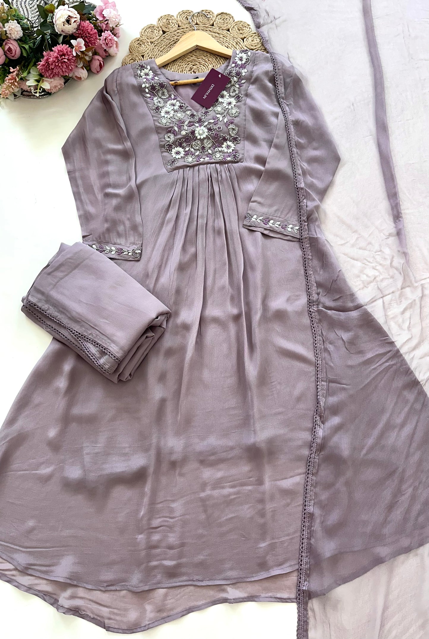 K232 - Chinnon handwork Aline Kurti with palazzo and dupatta